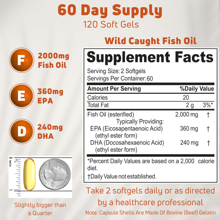 Omega 3 Fish Oil 2000mg. Fish Oil Omega 3 Supplements to Support Heart Health, Brain Functions and Cardiovascular System - Non-GMO, Gluten-Free & Keto-Friendly - 60 Servings, 120 Softgels