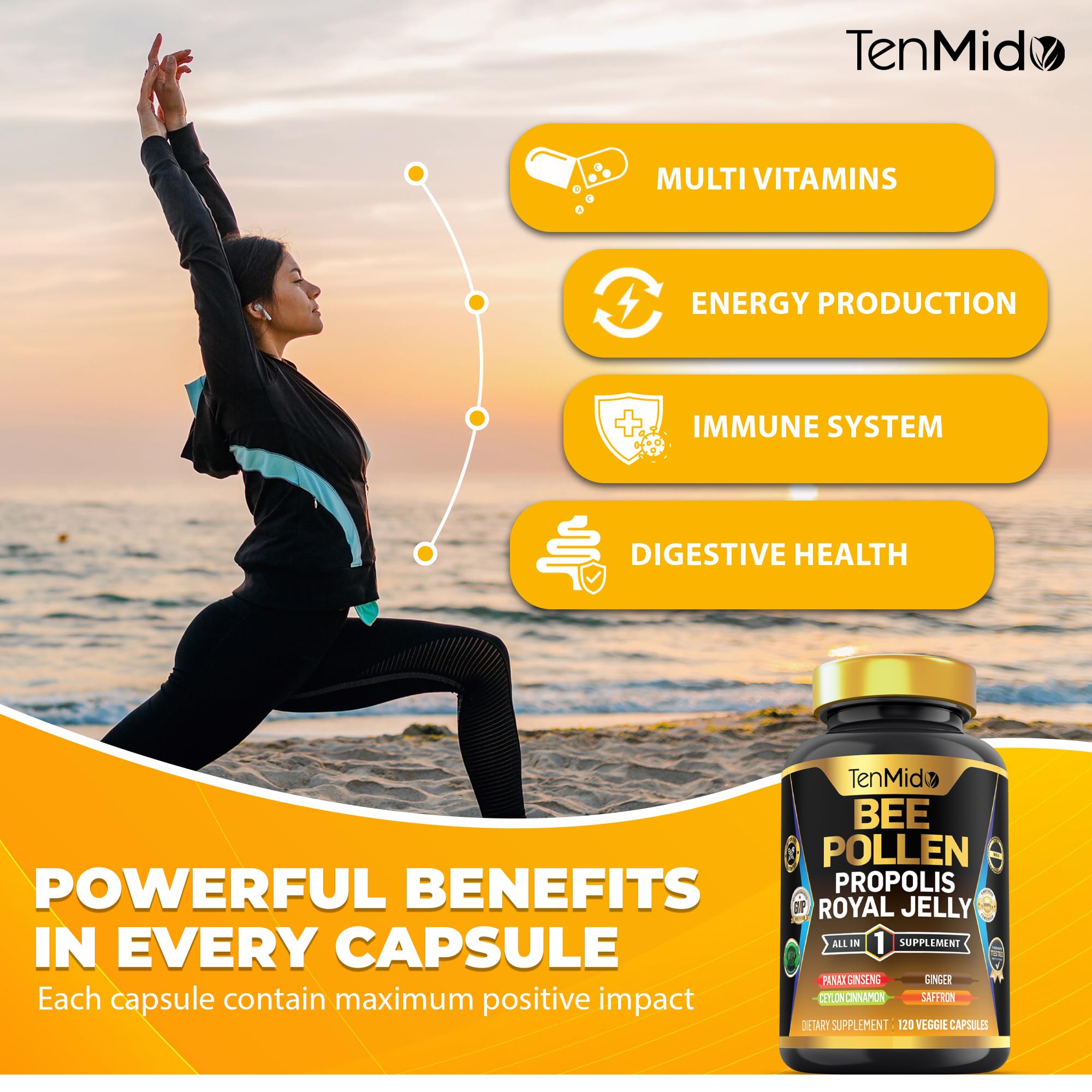 Tenmido Organic Bee Pollen Supplement - 7in1 Formula - Combine with Propolis, Royal Jelly, Panax Ginseng, Ceylon Cinnamon, Ginger, and Saffron - Digestive Health, Immune Support - 120 Capsules
