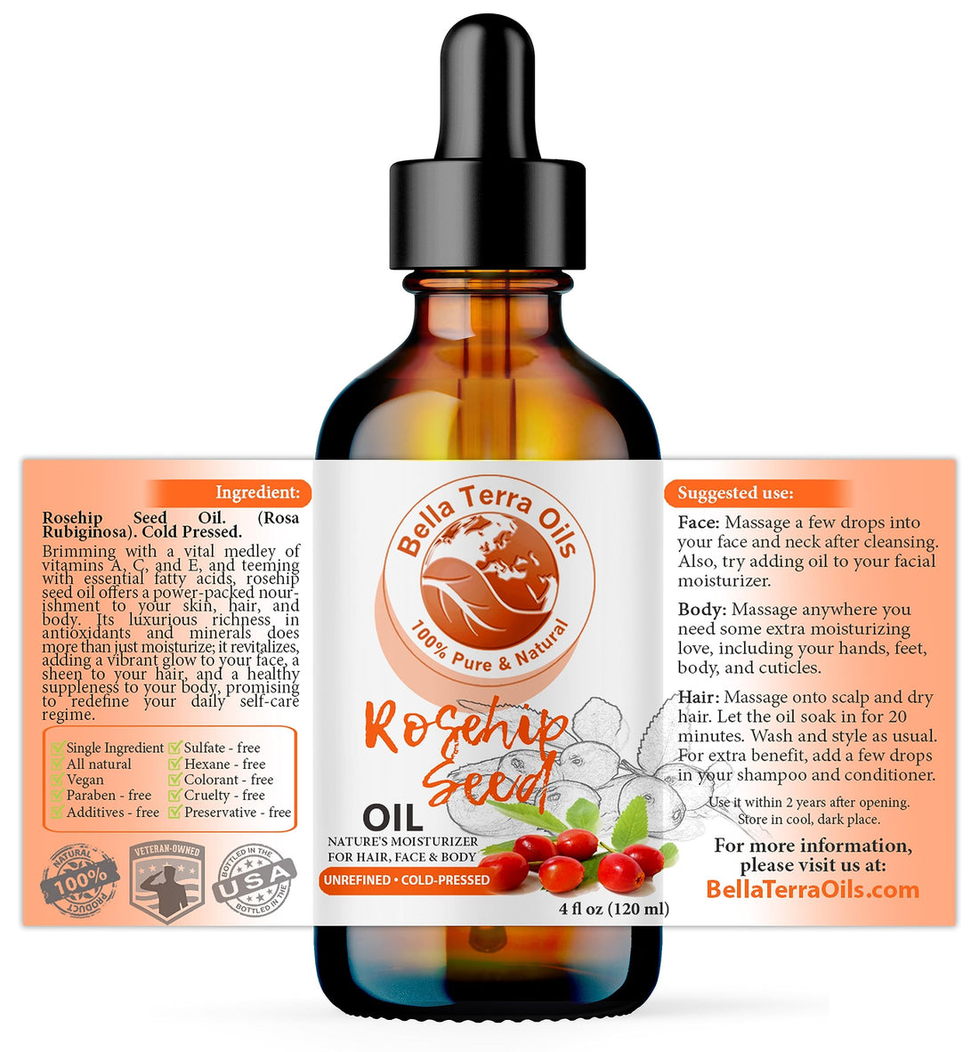 NEW Rosehip Seed Oil. 4oz. Cold-pressed. Unrefined. Organic. 100% Pure. Anti-aging. Hexane-free. Improves the Appearance of Wrinkles, Scars. Natural Moisturizer. For Hair, Skin, Nails, Stretch Marks.