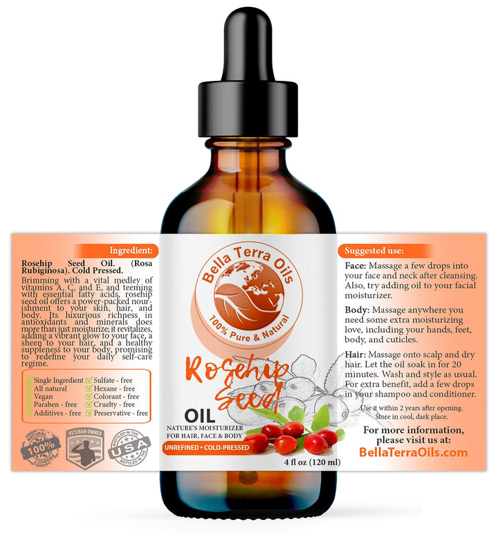 NEW Rosehip Seed Oil. 4oz. Cold-pressed. Unrefined. Organic. 100% Pure. Anti-aging. Hexane-free. Improves the Appearance of Wrinkles, Scars. Natural Moisturizer. For Hair, Skin, Nails, Stretch Marks.