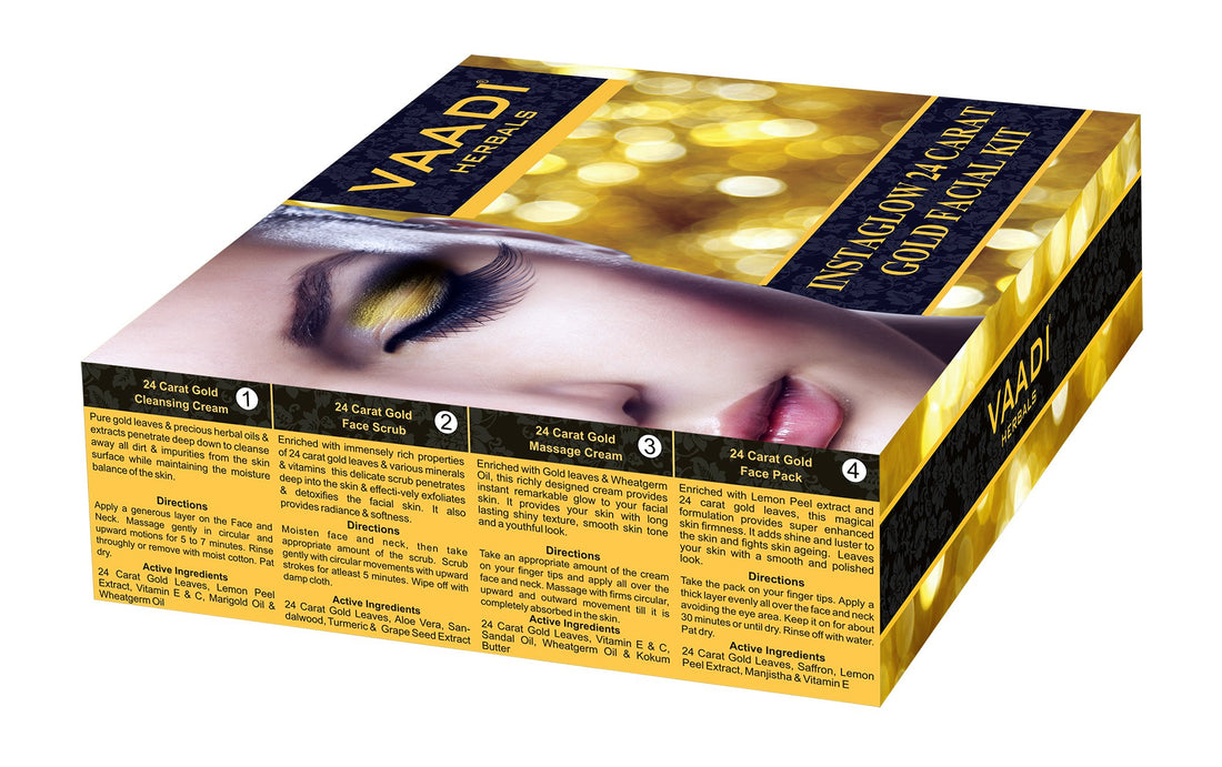Facial Kit - Gold Facial Kit with 24 Carat Gold Leaves, Marigold & Wheatgerm Oil, Lemon Peel Extract -  ALL Natural -  Suitable for All Skin  Unisex  70 Grams - Vaadi Herbals