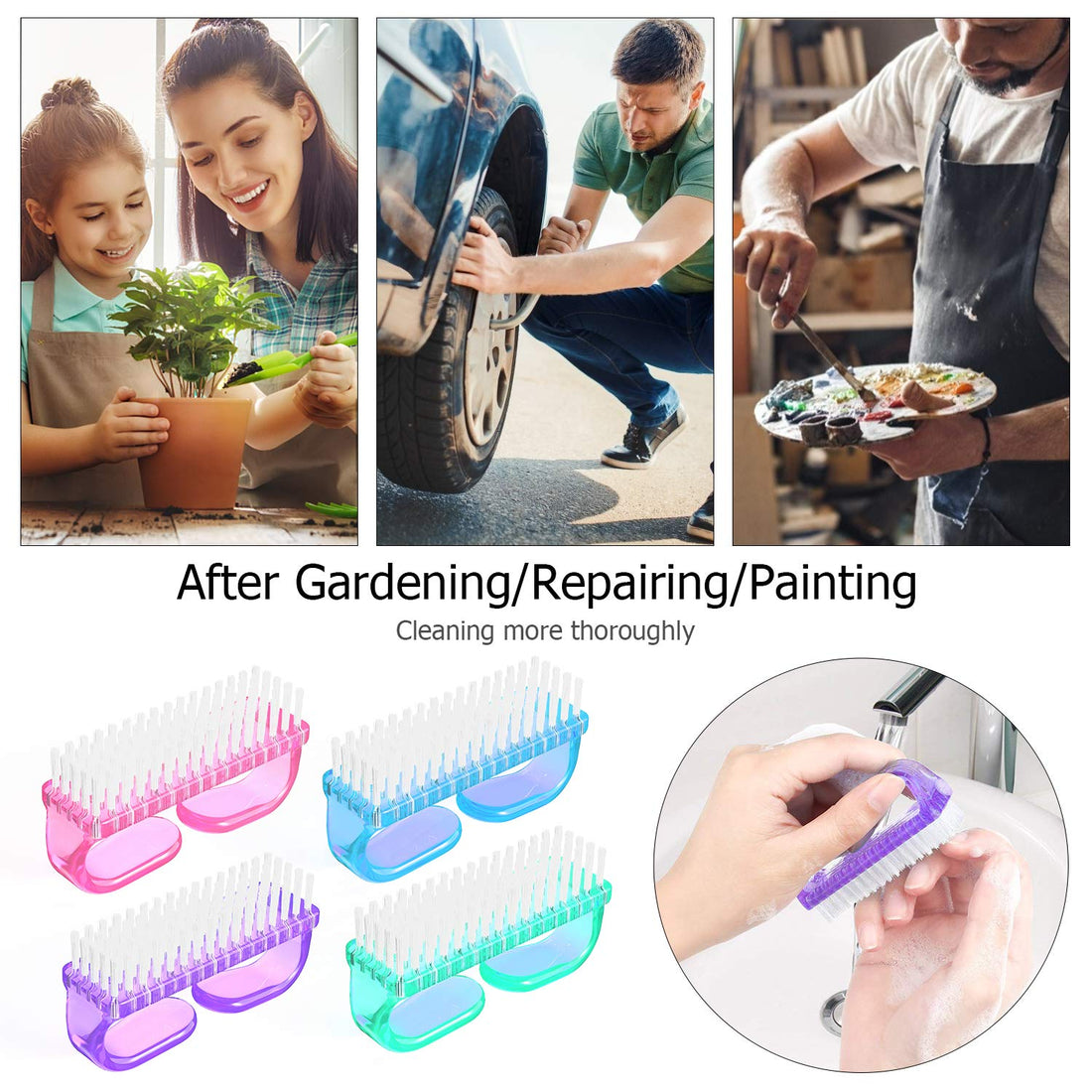 Larbois Handle Grip Nail Brush, Hand Fingernail Brush Cleaner Scrubbing Kit Pedicure for Toes and Nails Men Women (4 Pack) (Color-2)