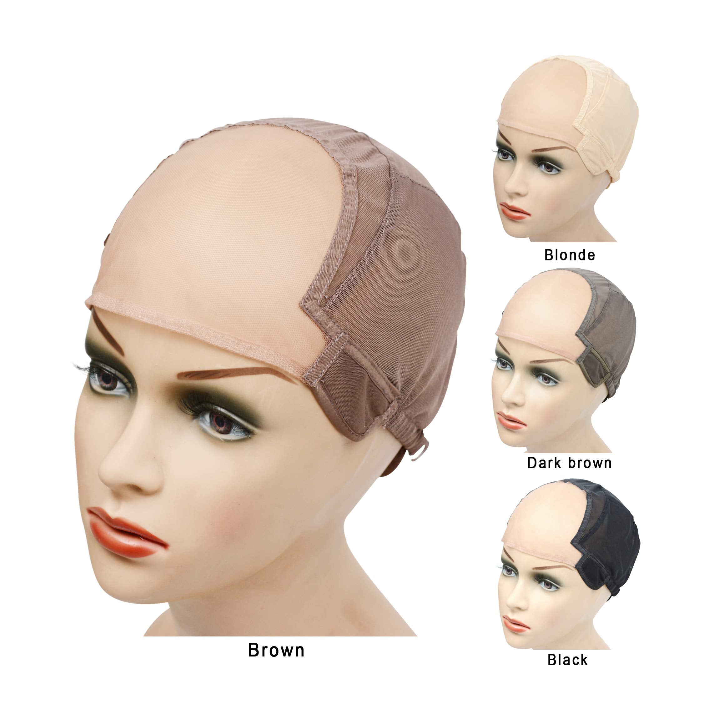 Wig Cap Stretch to Ear Wig Cap U Part Wig Cap with Adjustable Straps for Making Wigs (Brown M 22 Inch)