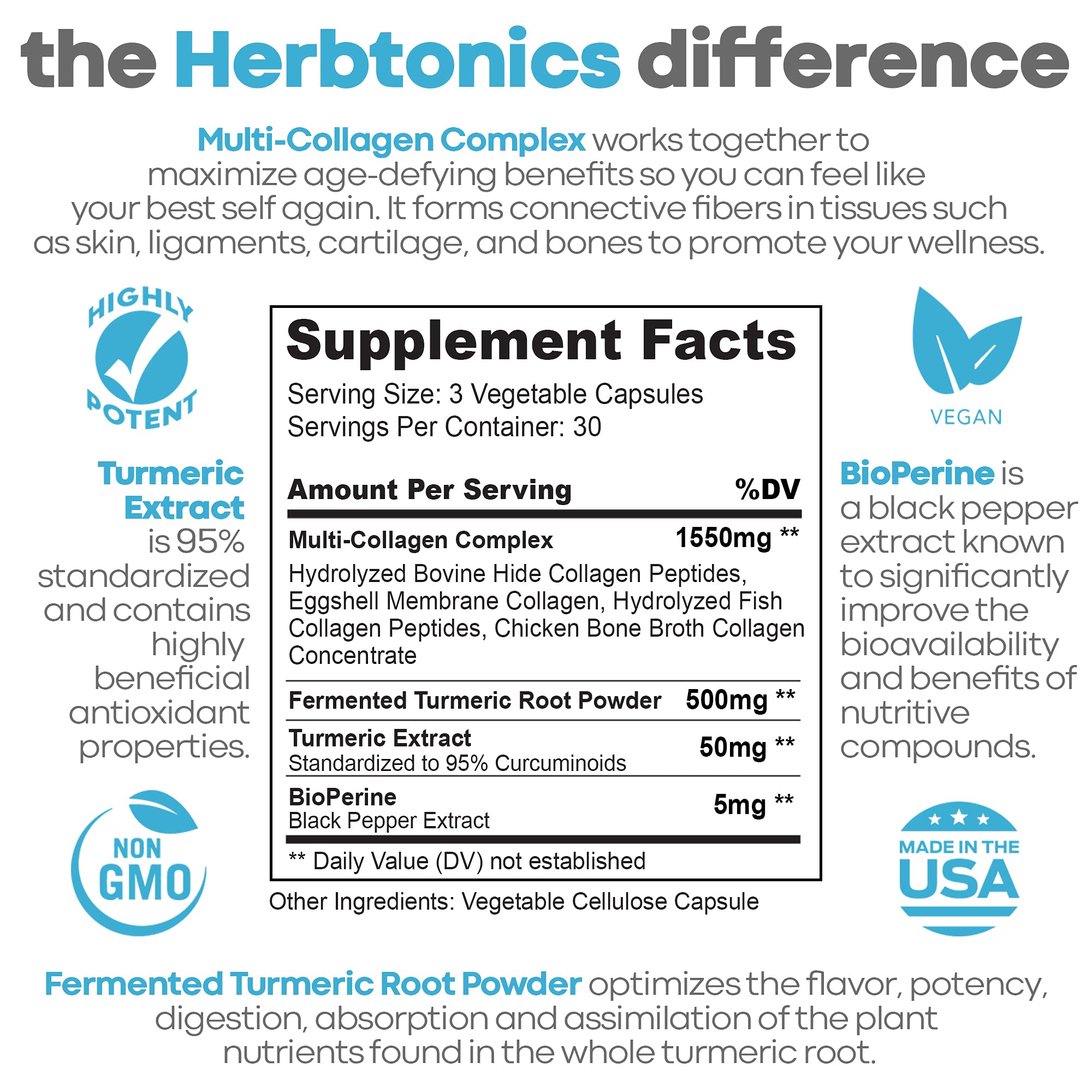 Multi Collagen Complex (Types 1 2 3 5 and 10) | Hydrolyzed Collagen Peptides | Collagen for Women & Men | Hair, Skin, Nails, Joint Support (with Turmeric) | 90 Capsules