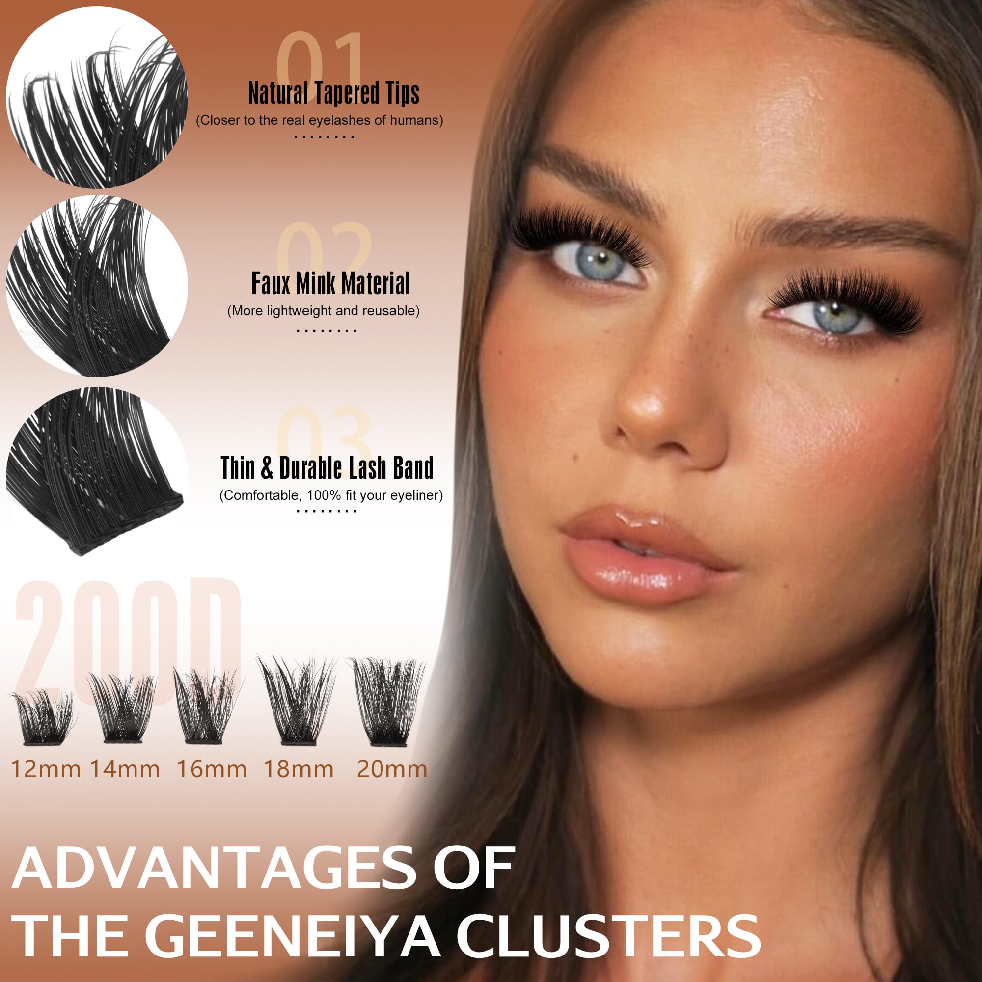 Geeneiya Lash Clusters 200D Full Eyelash Clusters 10-20mm Thick D Curvature Lash Extension Wispy Cluster Eyelash Extensions DIY Individual Eyelashes for Beginners
