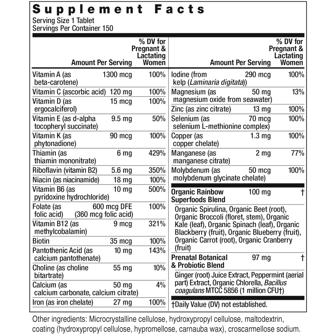 Rainbow Light Prenatal One High Potency Daily Multivitamin with Folate, Ginger and Probiotics; Supports Mom and Baby from Conception to Nursing; Vegan, 150 Tablets,* Pack May Vary