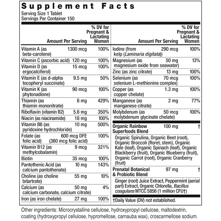 Rainbow Light Prenatal One High Potency Daily Multivitamin with Folate, Ginger and Probiotics; Supports Mom and Baby from Conception to Nursing; Vegan, 150 Tablets,* Pack May Vary