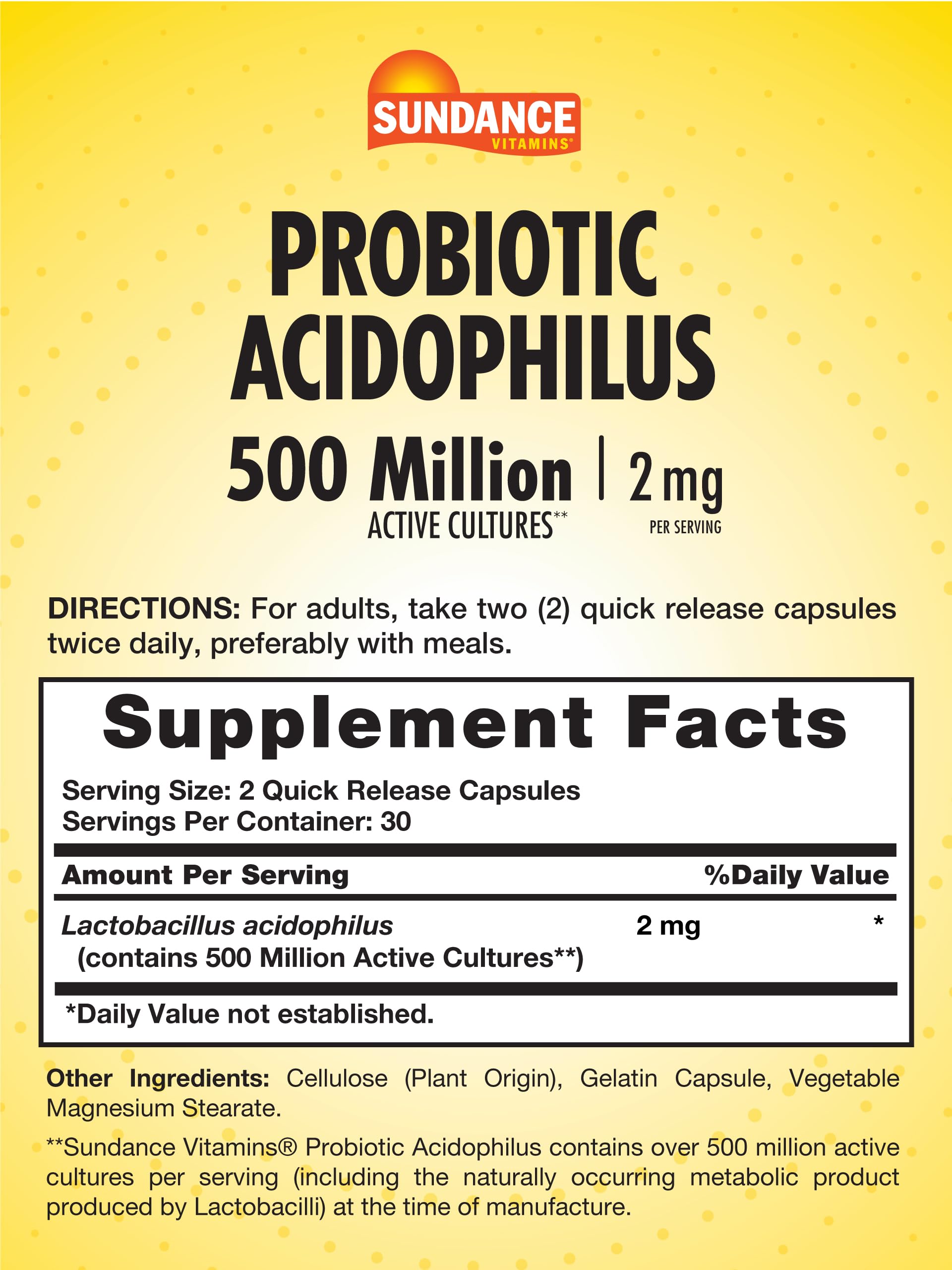 Probiotic Acidphilus 2mg | 60 Quick Release Capsules | 500 Million Active Cultures | Non-GMO, Gluten Free Supplement | By Sundance