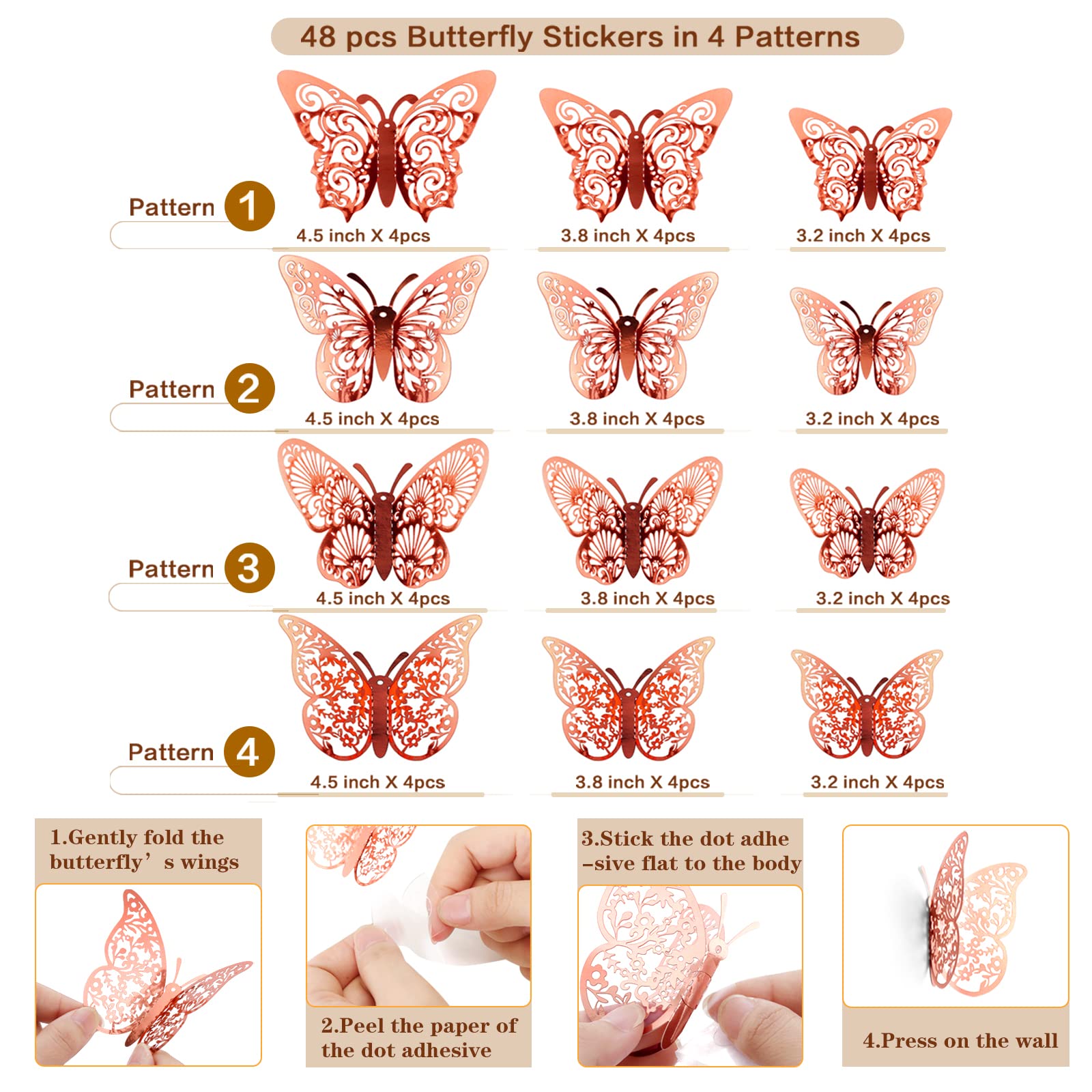 3D Butterfly Wall Decor Stickers Rose Gold Butterfly Decorations Party, 48Pcs 4 Patterns 3 Sizes, Butterfly Cake Decorations Paper Butterflies Wall Decals for Kids Baby Nursery Room Bedroom Birthday