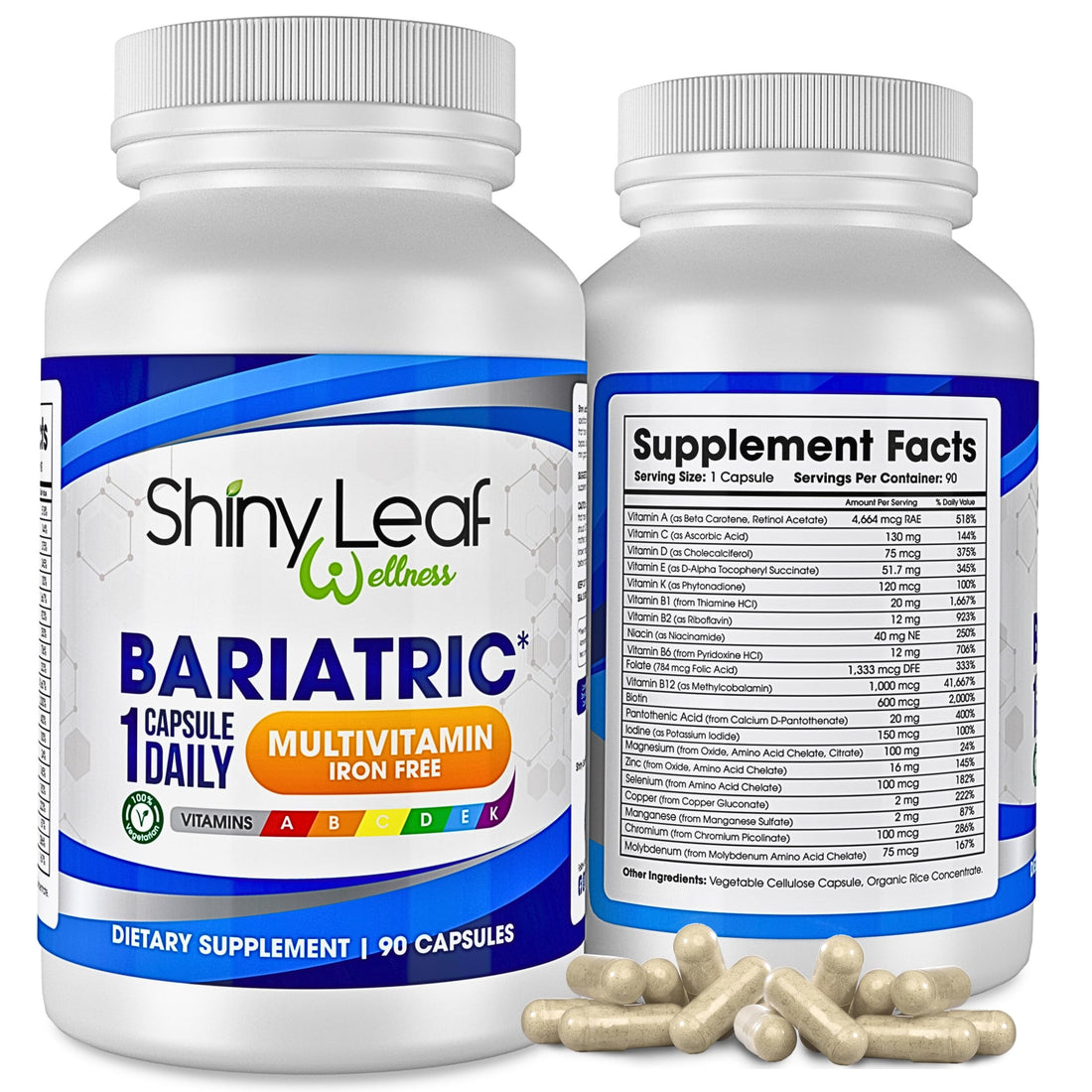 Shiny Leaf Bariatric Multivitamin Iron-Free Capsules for Post Bariatric Surgery Patients, Once Daily Bariatric Vitamins Without Iron for WLS, Sleeve, Gastric Bypass Surgery (3 Months / 90 Caps)