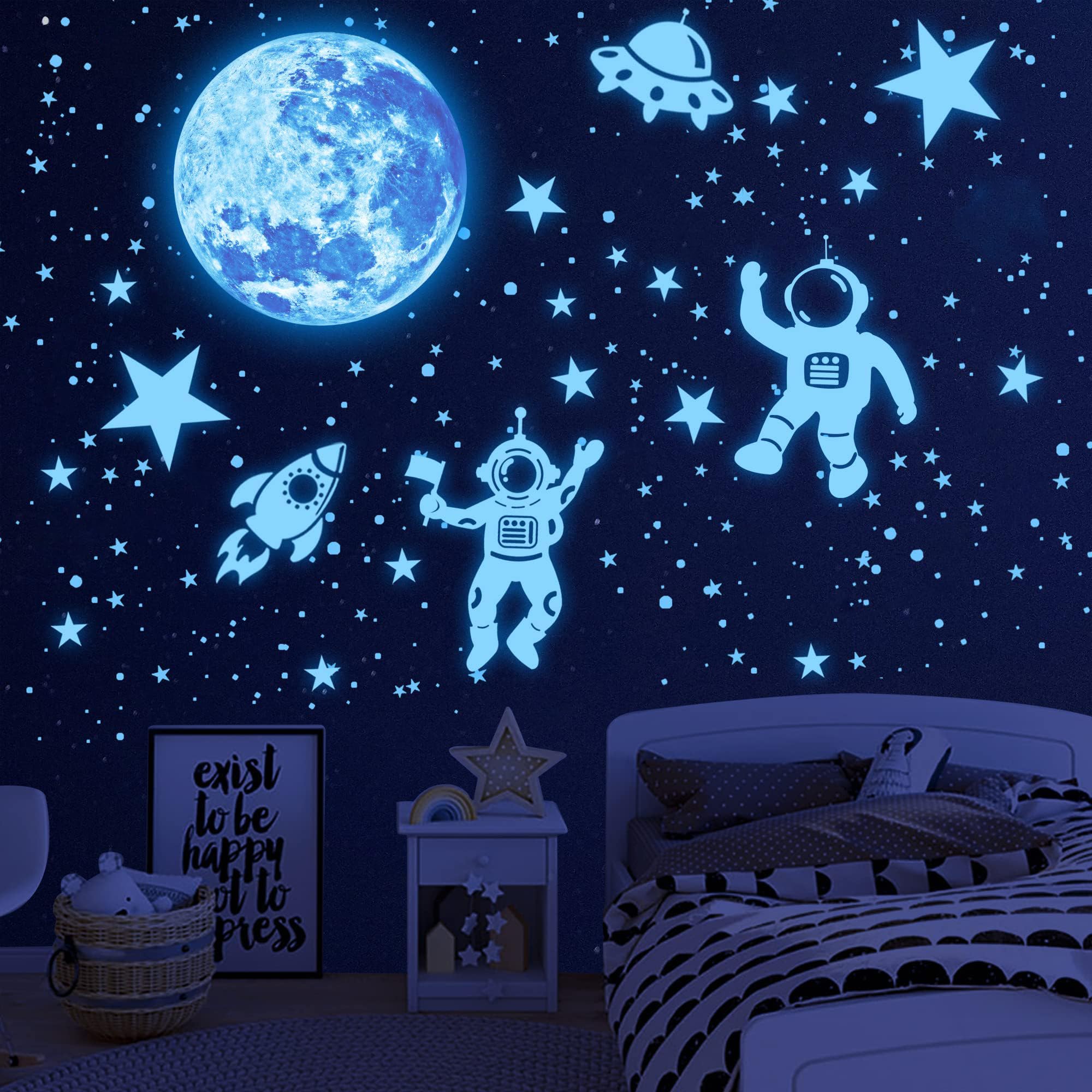 1017Pcs Glow in The Dark Stars for Ceiling Glow in The Dark Moon and Planet Wall Decal Luminous Astronaut Universe Galaxy Space Wall Stickers for Kids Boys Bedroom Christmas Gift Blue