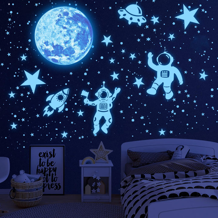 1017Pcs Glow in The Dark Stars for Ceiling Glow in The Dark Moon and Planet Wall Decal Luminous Astronaut Universe Galaxy Space Wall Stickers for Kids Boys Bedroom Christmas Gift Blue