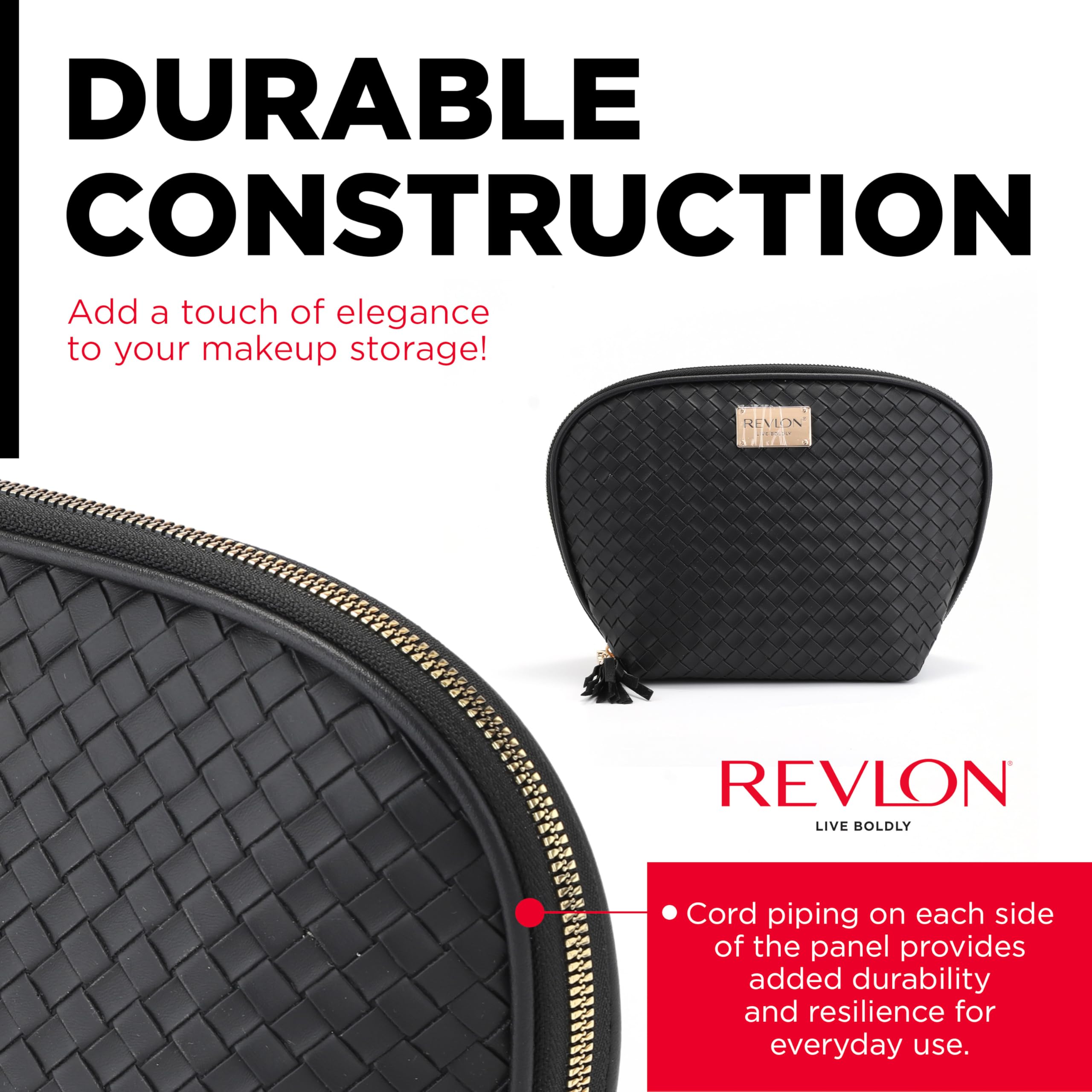 REVLON Basketweave Makeup Pouch - Small Makeup Pouch, Compact Travel Makeup Organizer, Cosmetic Bag, Mini Makeup Case with Pockets, Toiletry Pouch - Gifts for Women, Ladies, or Teen Girls, Onyx