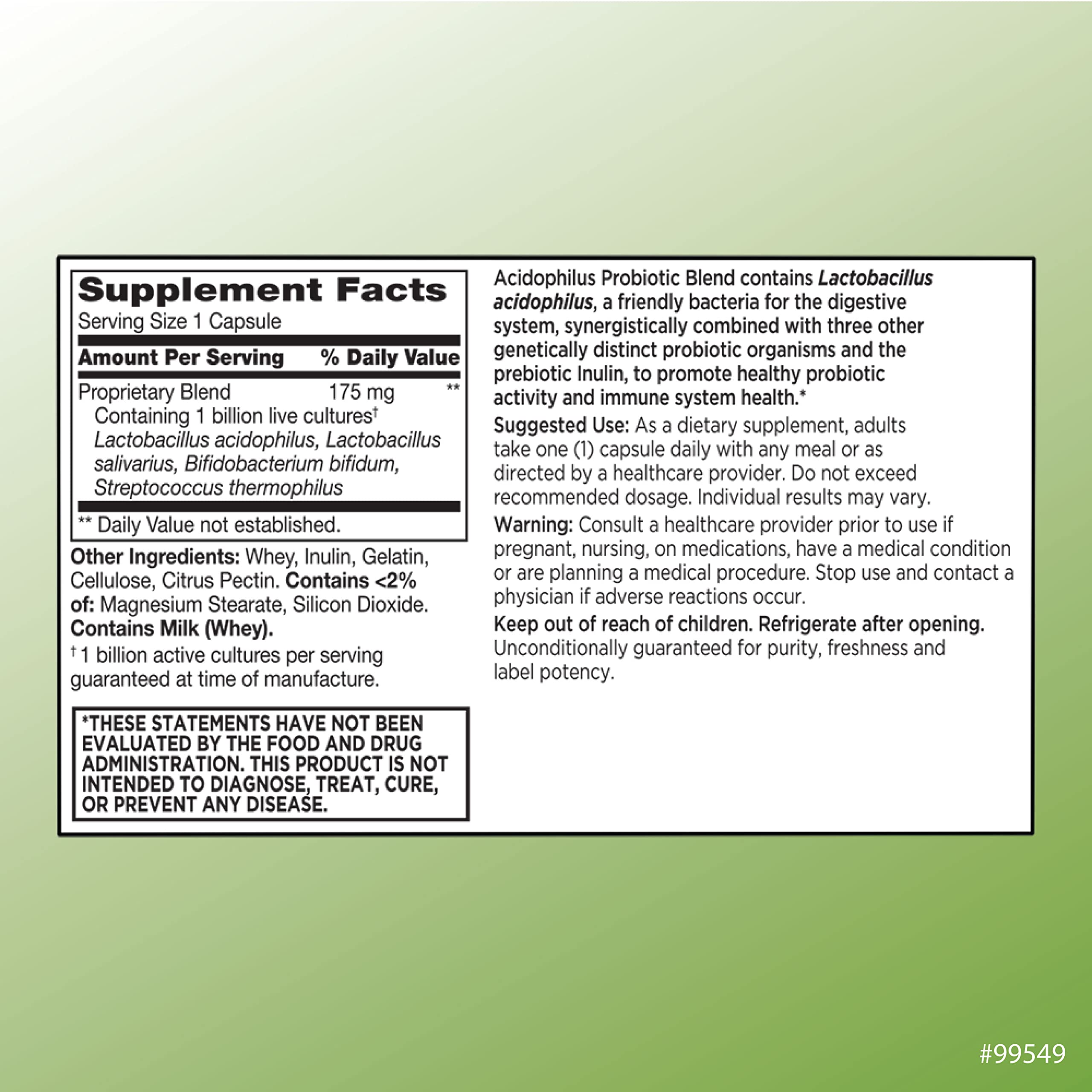 Quality Choice Digestive Support Acidophilus with Citrus Pectin Capsules 100 Count