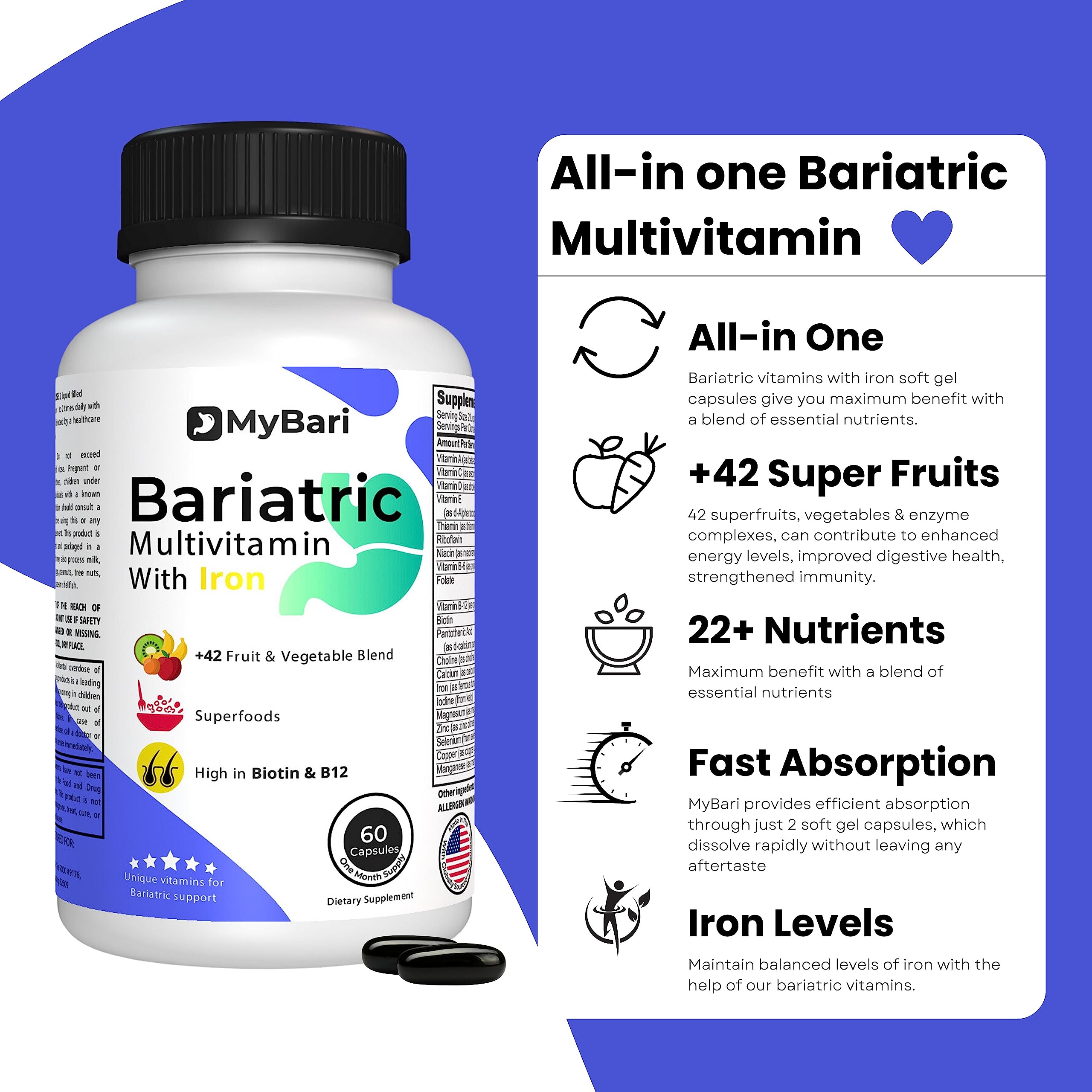 MyBari All-in-One Bariatric Multivitamin with Iron - Made in USA - for Men & Women - Supports Gastric Sleeve & Bypass with 42+ Fruit & Veggie Blend - 60 Liquid Capsules