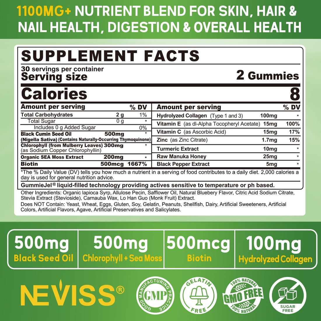 Black Seed Oil Gummies, Chlorophyll & Sea Moss Supplement 500mg, Biotin 500mcg with Hydrolyzed Collagen for Skin, Hair & Nails, Vit E, C, Zinc for Overall Health, Organic Cold Pressed, High Absorption