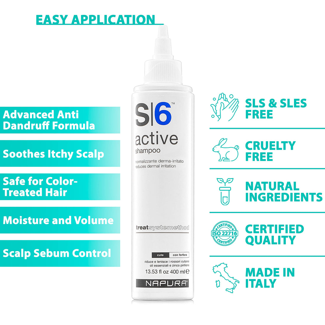 NAPURA S6 Active Professional Anti Dandruff Shampoo with Tea Tree Oil, 1% Zinc and 1% Salicylic Acid - Natural Itchy Scalp Treatment (13.53 fl oz) for Men and Women