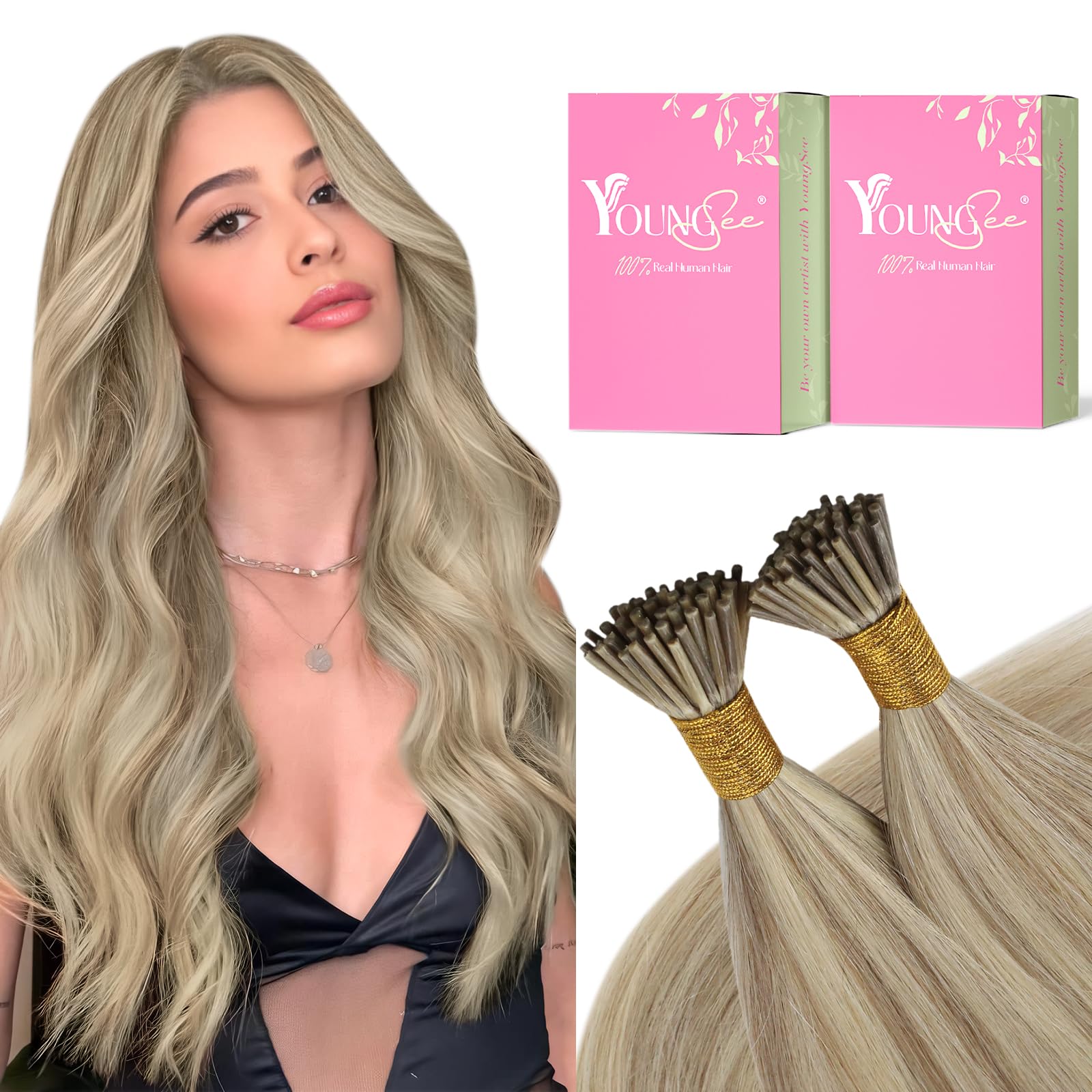 20, Dark Ash Brown With Golden Blonde: Youngsee 20Inch I Tip Hair Extensions Human Hair Golden Blonde Highlight With Light Blonde Pre Bonded I Tip Human Hair Extensions 1G/S 5
