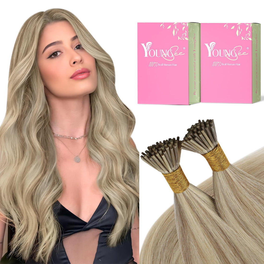 20, Dark Ash Brown With Golden Blonde: Youngsee 20Inch I Tip Hair Extensions Human Hair Golden Blonde Highlight With Light Blonde Pre Bonded I Tip Human Hair Extensions 1G/S 5