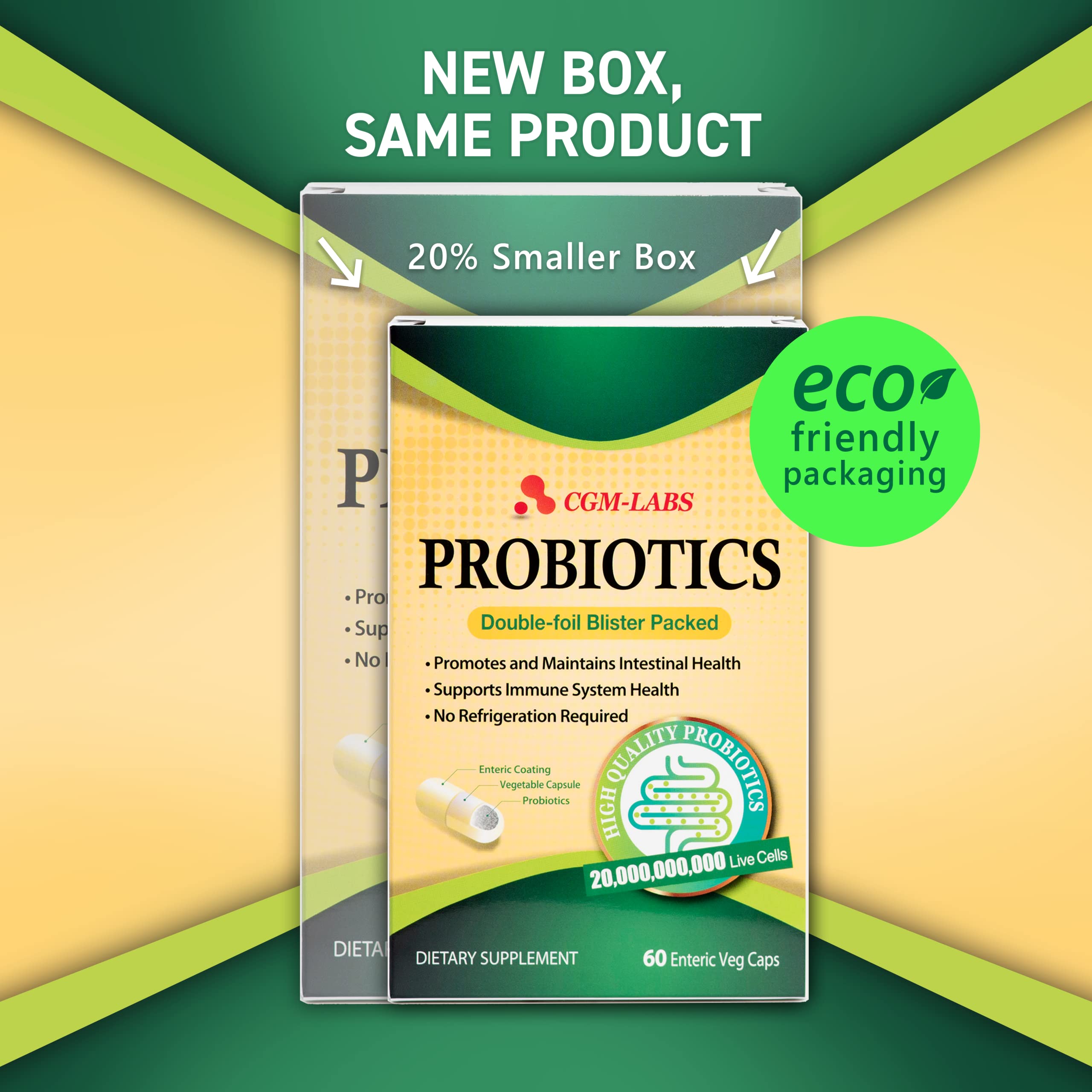 Probiotics, 20 Billion Live Cells, Premium Enteric Coated Veg Caps for Women, Men. Dietary Supplement - 60 Veg caps by CGM Labs