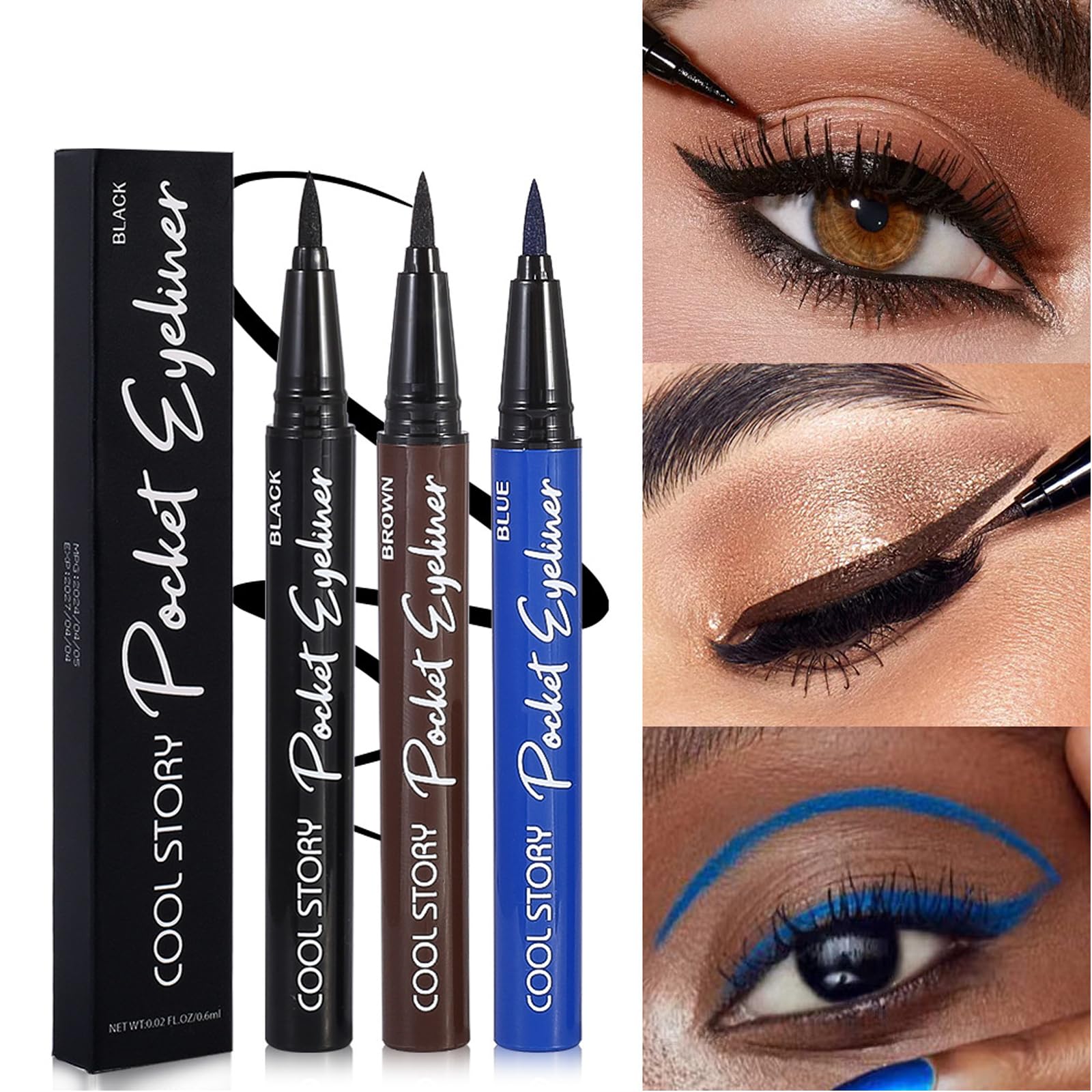 COOL STORY 3 Color Waterproof Liquid Eye Liner, Stay All Day Makeup with Fine Brush Tip Lasting Satin Finish, Smudge-Proof & Transfer-Resistant Black Brown Blue