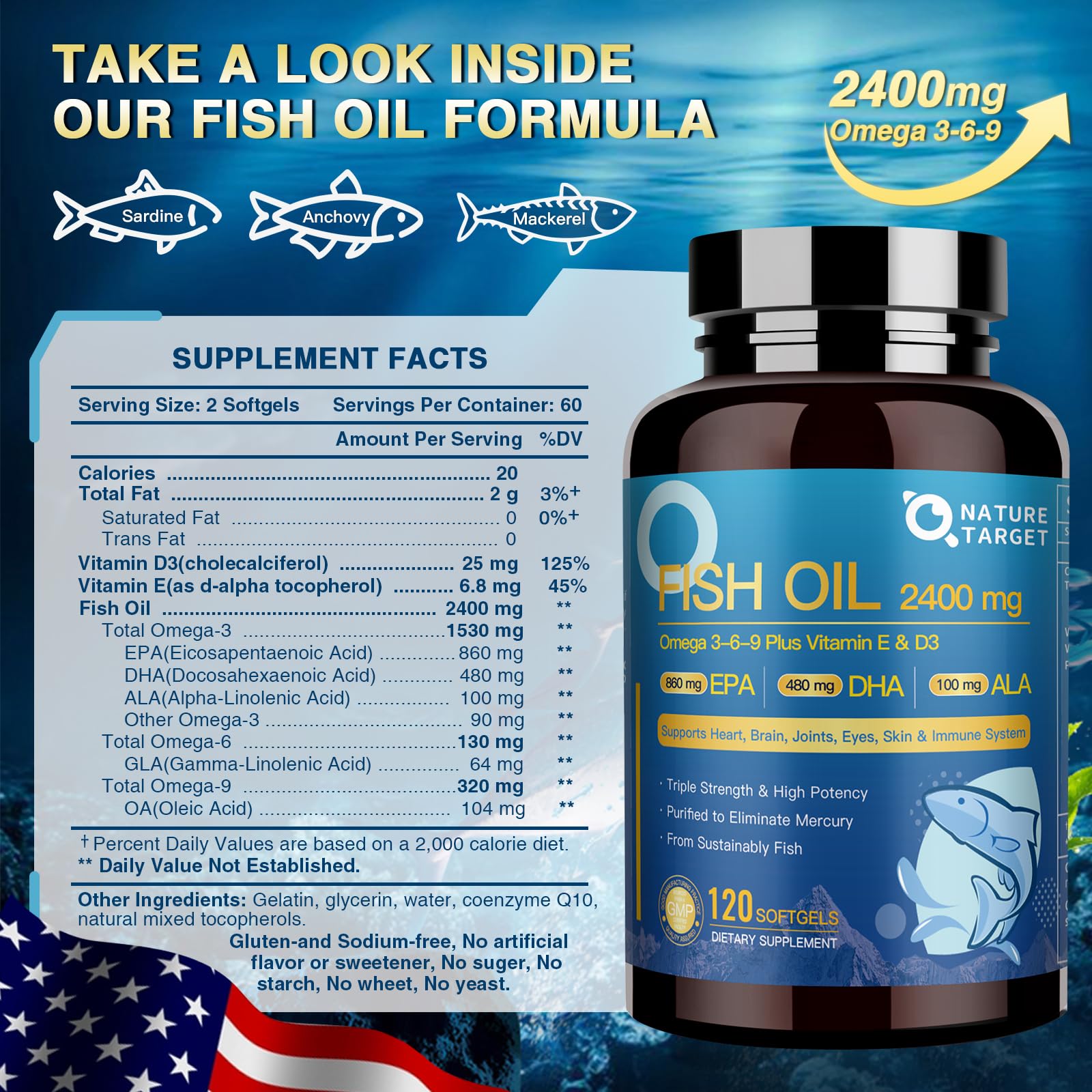 NATURE TARGET Triple Omega 3 6 9, Fish Oil 2400mg Softgels with Vitamin D3 & E - EPA & DHA & ALA - Supports Heart, Brain, Joint & Immune Health, Sustainably Sourced, Non-GMO