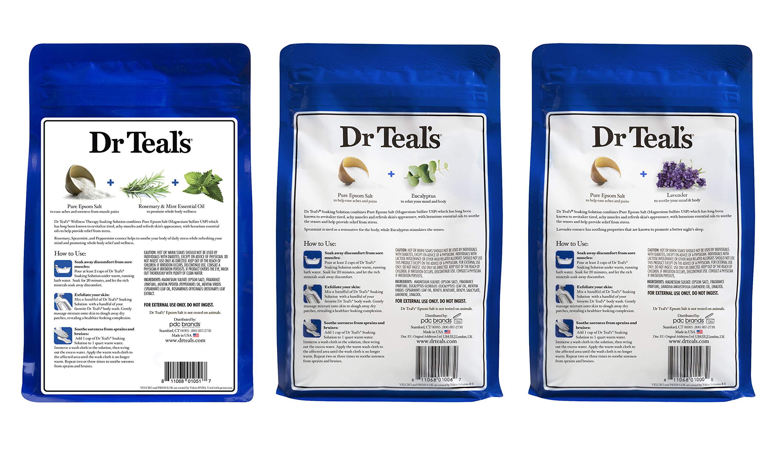 Dr. Teals Epsom Salt Bundle, 3 Items: 1 Relax & Relief Eucalyptus Spearmint 3lbs, 1 Sooth & Sleep Lavender 3lbs and 1 Therapy & Relief Rosemary and Mint 3lbs.