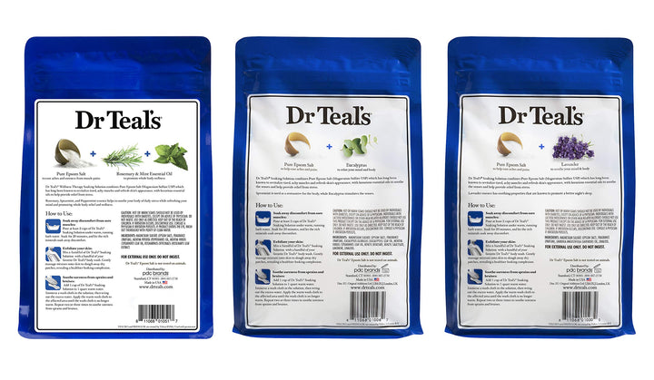 Dr. Teals Epsom Salt Bundle, 3 Items: 1 Relax & Relief Eucalyptus Spearmint 3lbs, 1 Sooth & Sleep Lavender 3lbs and 1 Therapy & Relief Rosemary and Mint 3lbs.