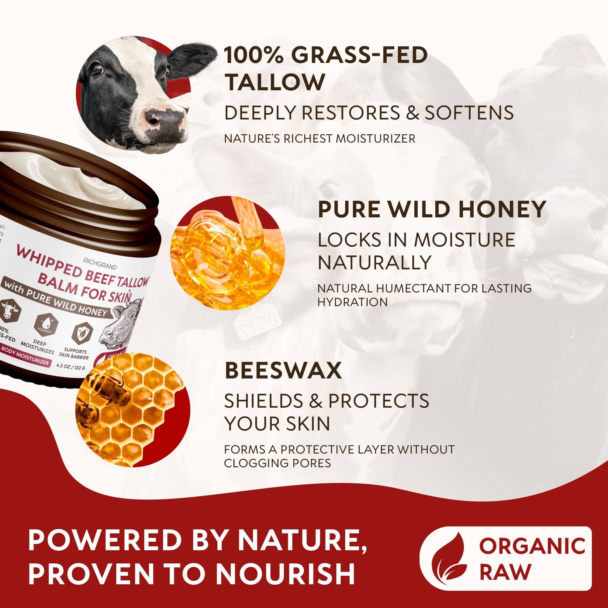 RICHGRAND Beef Tallow for Skin - Whipped Grass-Fed Moisturizer with Wild Honey & Beeswax, Natural Face & Body Care, Deep Hydration, Anti-Aging, Sensitive Skin Safe, 100% Organic Balm