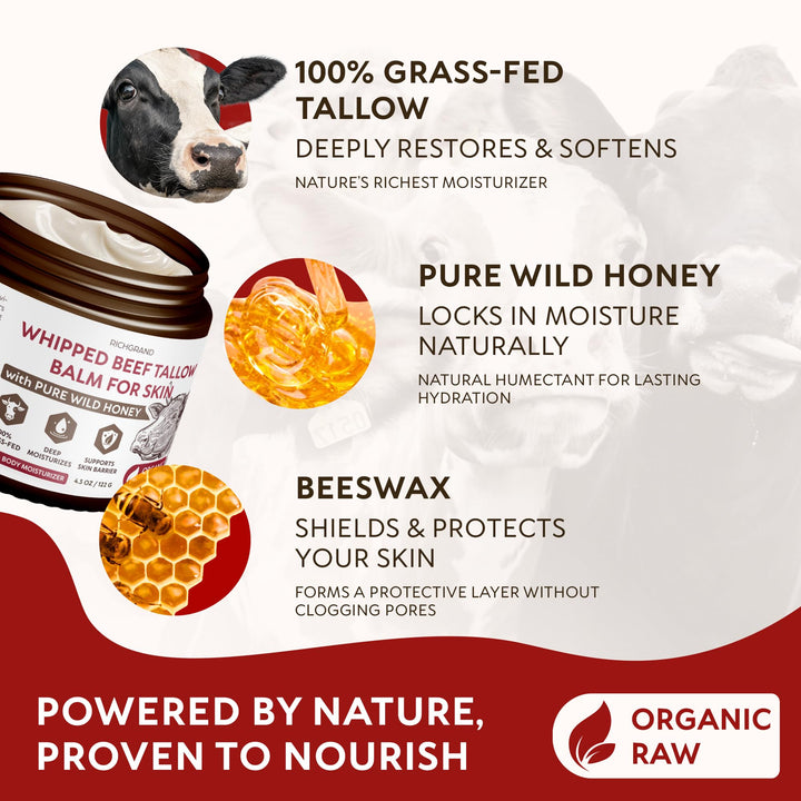 RICHGRAND Beef Tallow for Skin - Whipped Grass-Fed Moisturizer with Wild Honey & Beeswax, Natural Face & Body Care, Deep Hydration, Anti-Aging, Sensitive Skin Safe, 100% Organic Balm