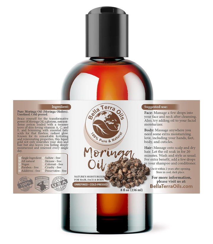 Bella Terra Oils - Organic Moringa Seed Oil 8 oz - A Symphony of Nutrients & Fatty Acids, Elevating Beauty Rituals with Natural Nourishment