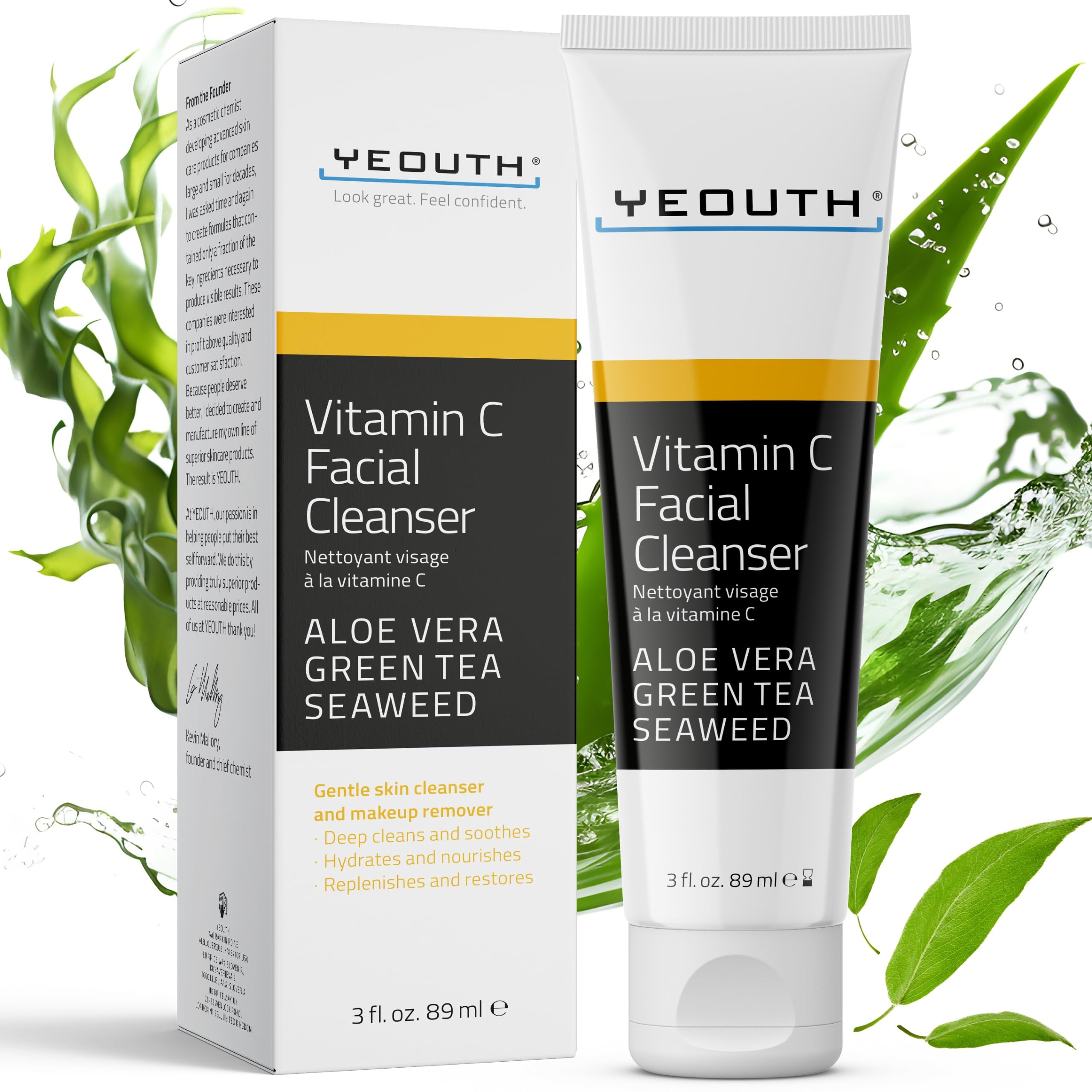Vitamin C Facial Cleanser Infused with Aloe Vera, Green Tea and Sea Weed from YEOUTH - Soothing, Calming, Deep Penetrating Pore Face Wash for Radiant Skin - Formulated For All Skin Types