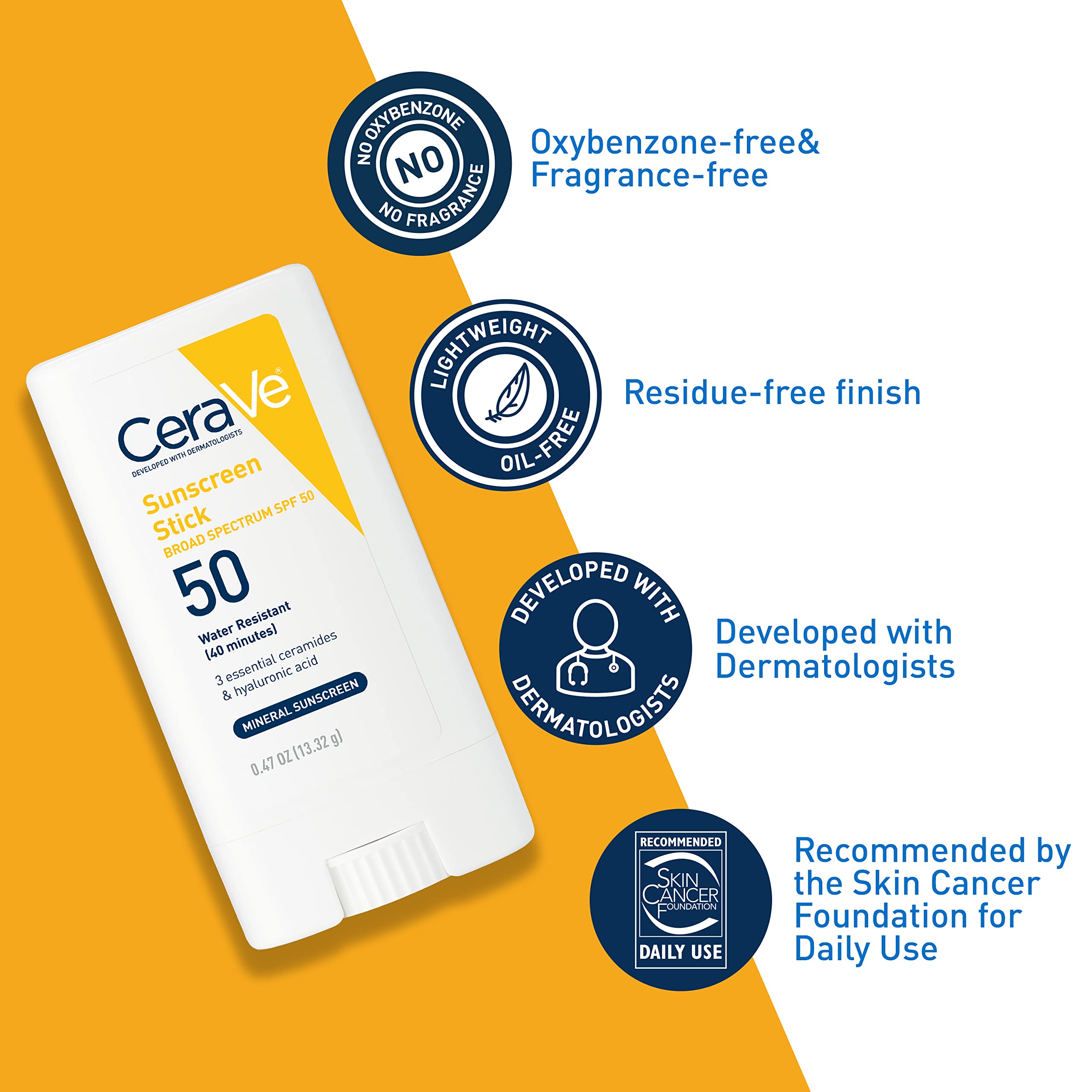 CeraVe Mineral Sunscreen Stick SPF 50, Broad Spectrum SPF + Hyaluronic Acid + Ceramides, Titanium Dioxide & Zinc Oxide, 100% Mineral Face Sunscreen Stick, Fragrance Free & Oil Free