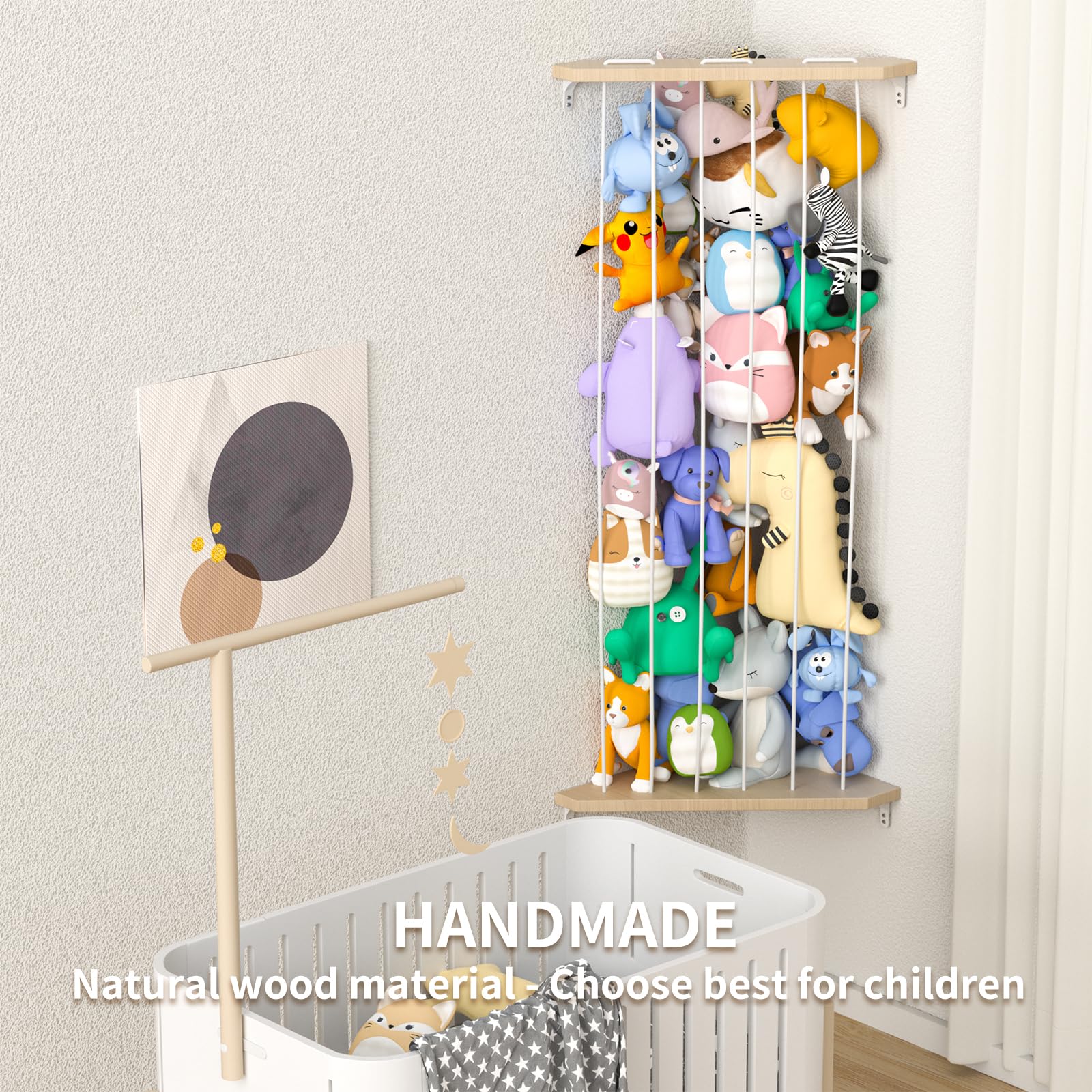 Zayysoha Stuffed Animal Storage Wood Corner Toy Plush Storage Hammock Hanging Storage Net, Toy Organizer Shelf for Nursery Playroom Bedroom Kid Room