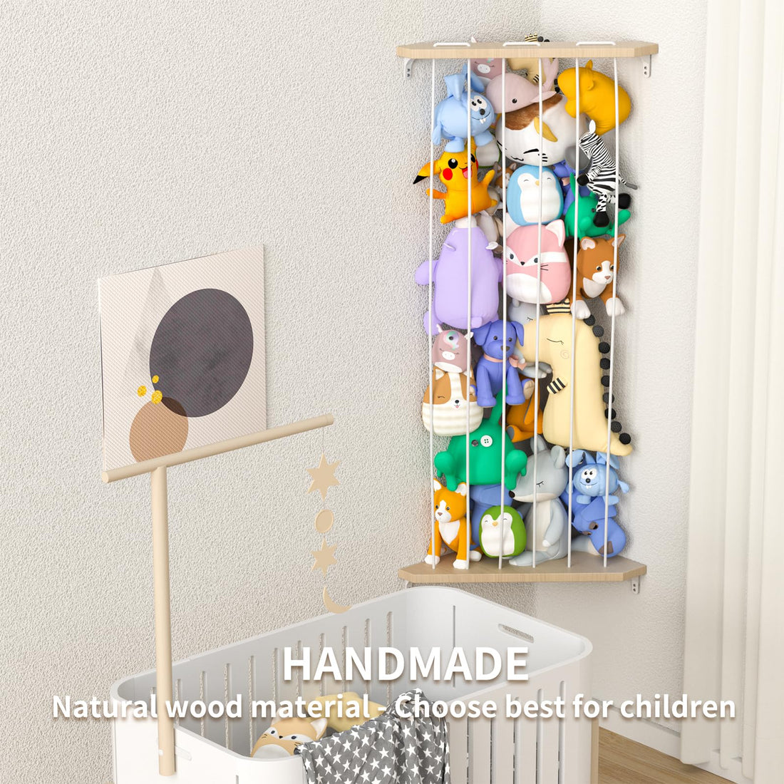 Zayysoha Stuffed Animal Storage Wood Corner Toy Plush Storage Hammock Hanging Storage Net, Toy Organizer Shelf for Nursery Playroom Bedroom Kid Room