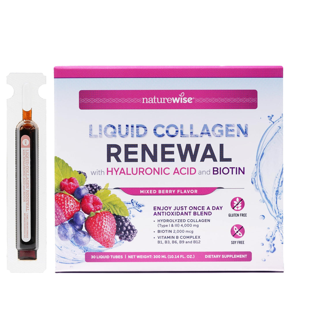 NatureWise Liquid Collagen for Women & Men 4000mg, Type 1 & 3 Peptides with Biotin for Hair, Skin and Nails + Vitamin C + Vitamin B Complex - Low Sugar - Mixed Berry - 30 Tubes