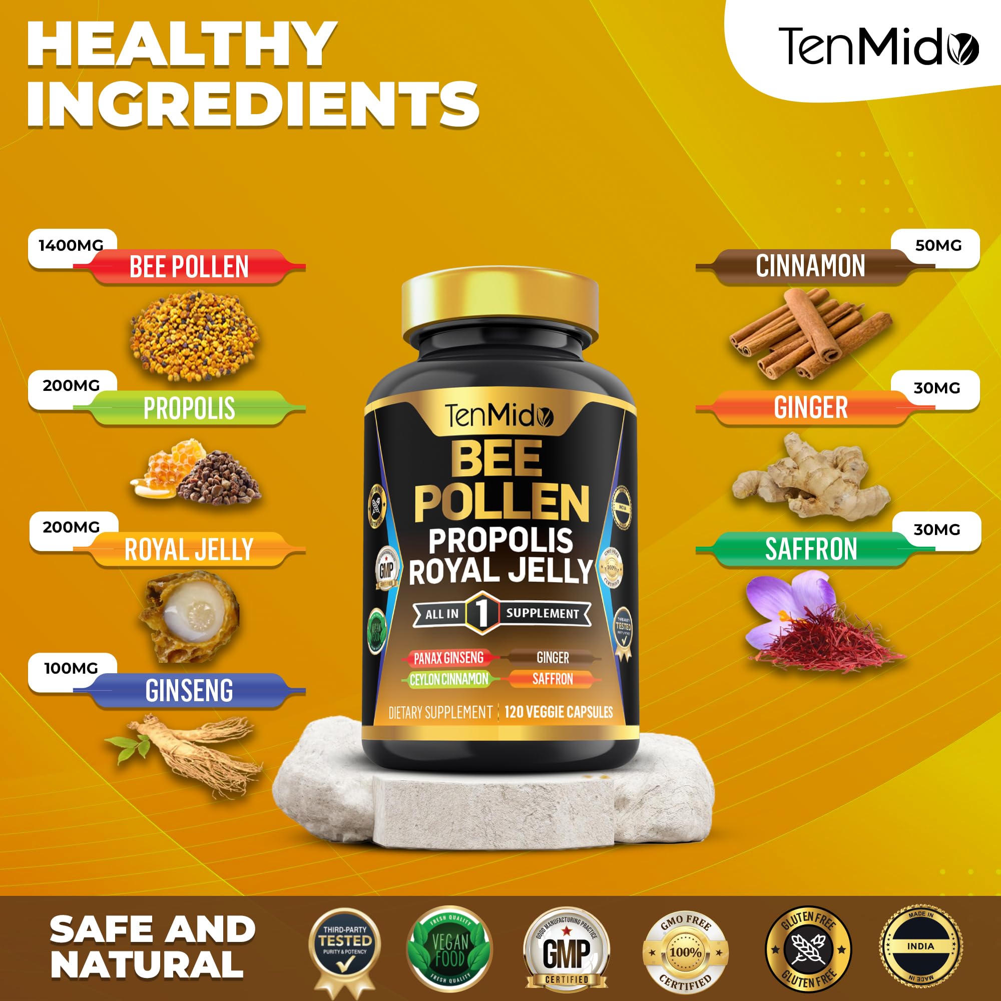 Tenmido Organic Bee Pollen Supplement - 7in1 Formula - Combine with Propolis, Royal Jelly, Panax Ginseng, Ceylon Cinnamon, Ginger, and Saffron - Digestive Health, Immune Support - 120 Capsules