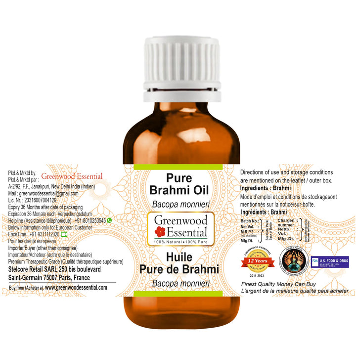 Greenwood Essential Pure Brahmi oil (Bacopa monnieri) Natural Therapeutic Grade 100ml (3.38 oz)