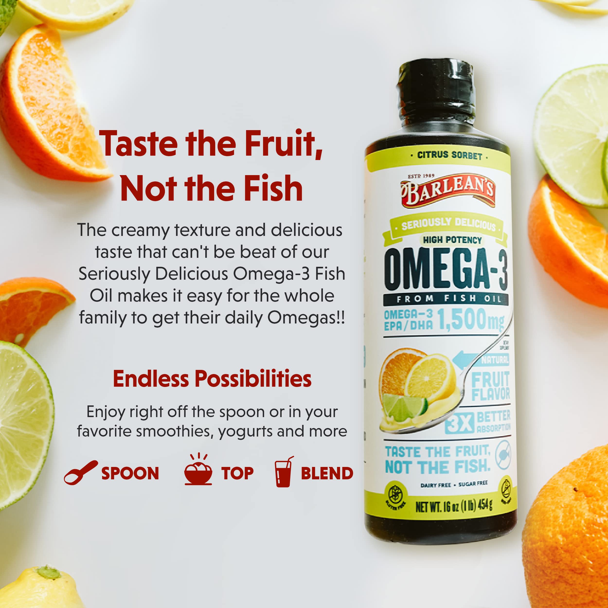Barlean's Citrus Sorbet High Potency Omega 3 Fish Oil Liquid Supplement, 1500mg of EPA & DHA Fatty Acid, Smoothie Flavored & Burpless for Brain, Joint, & Heart Health, 16 oz