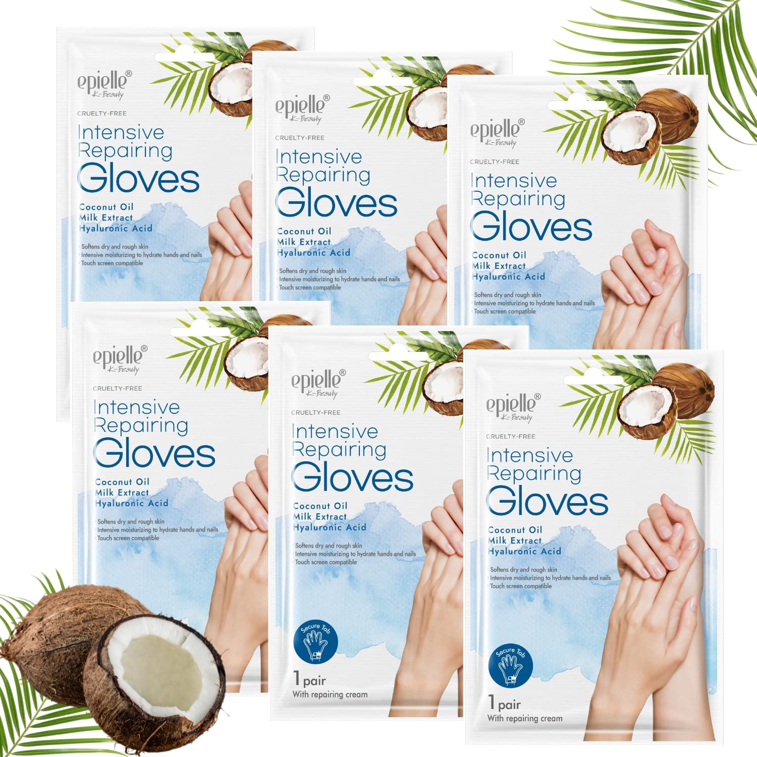 Epielle Intensive Repairing Gloves for Dry and Cracked Hands - 6 Pack | Coconut Oil, Milk Extract, Hyaluronic Acid | Beauty and Skincare Gifts, Mother's Day Gifts