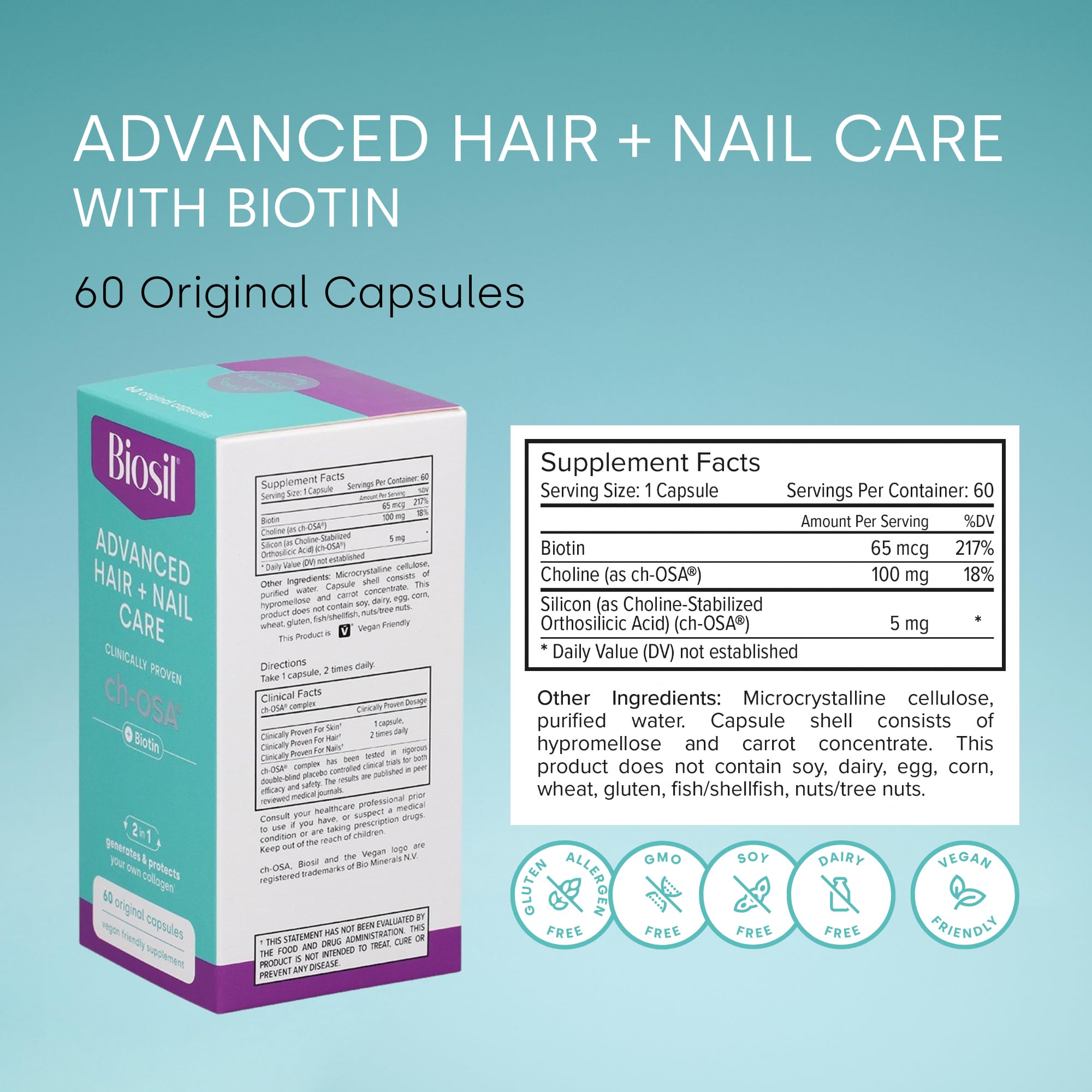Biosil Advanced Hair + Nail Care - 60 Capsules - Grow, Strengthen & Thicken Hair and Nails - with Patented ch-OSA & Biotin - 30-Day Supply