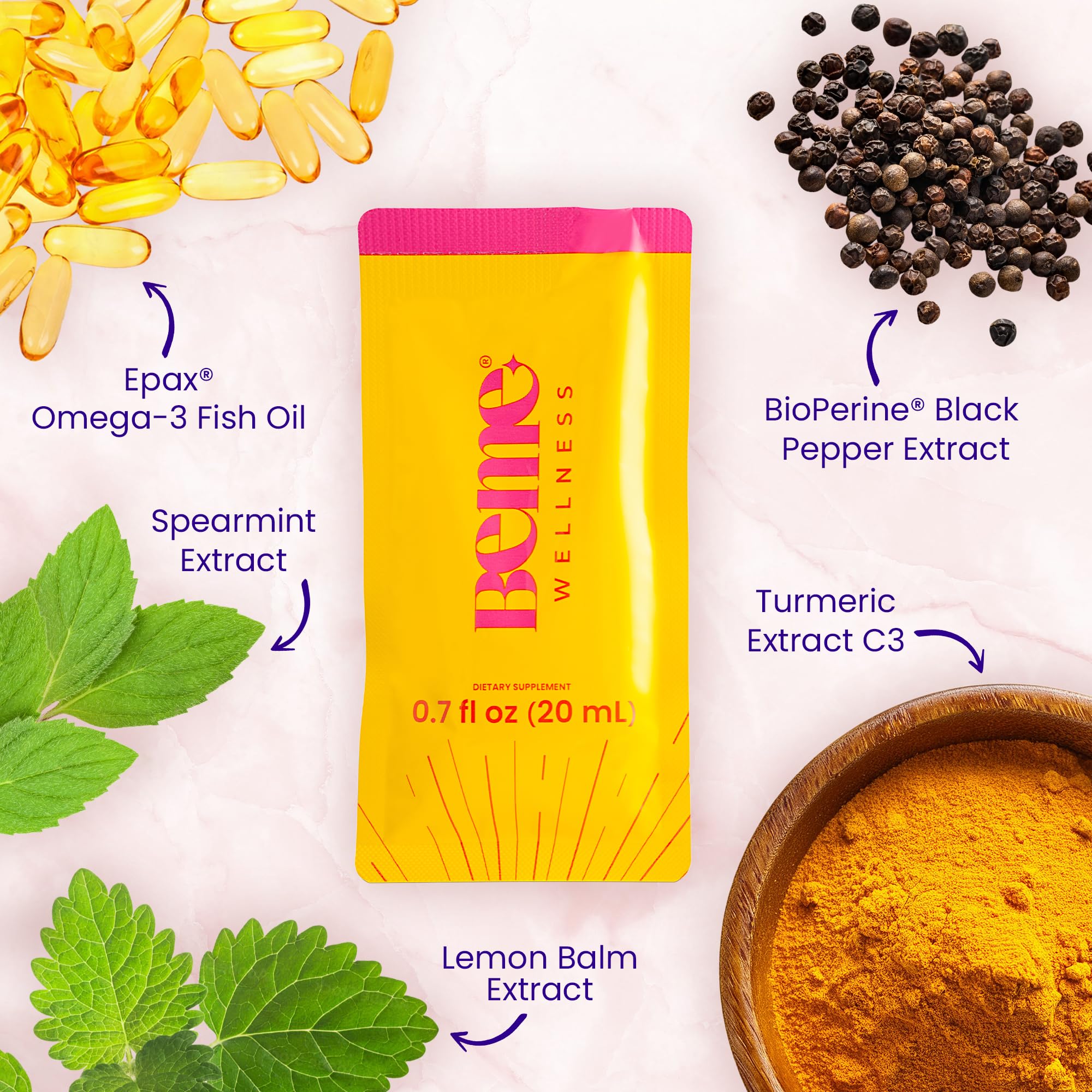 BeMe Liquid Omega 3 Fish Oil - Turmeric Curcumin, Lemon Balm Extract & Omega 3 Supplement for Women - Rich in antioxidants, Quick Absorption & high bioavailability - Supports Memory & Brain Health