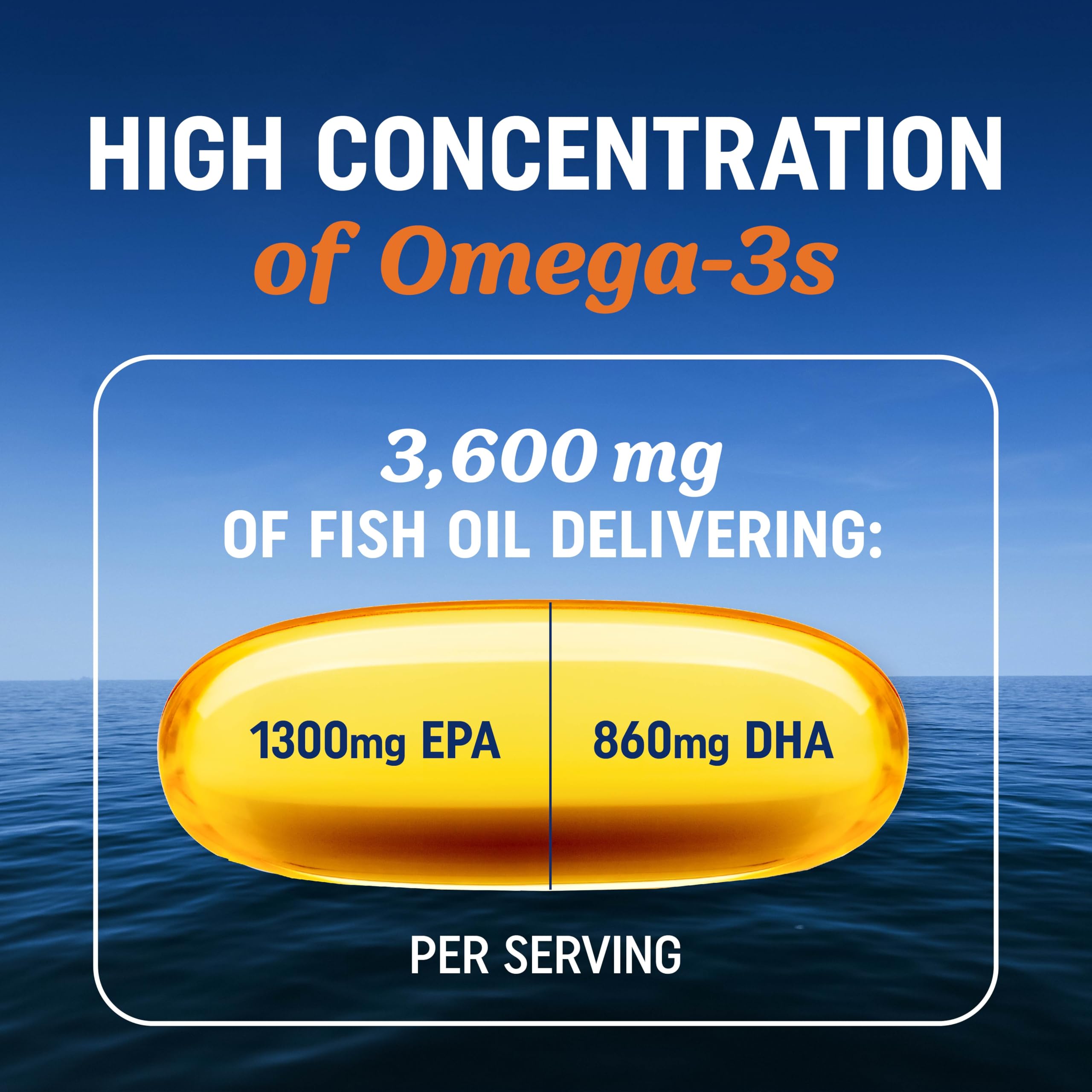 Triple Strength Omega 3 Fish Oil 3600 mg | EPA & DHA | Over 2100mg Omega-3 Fatty Acids | 1300mg EPA + 860mg DHA | Best Essential Fatty Acids | Premium Burpless Fish Oil Omega 3 Supplements (120 Ct)