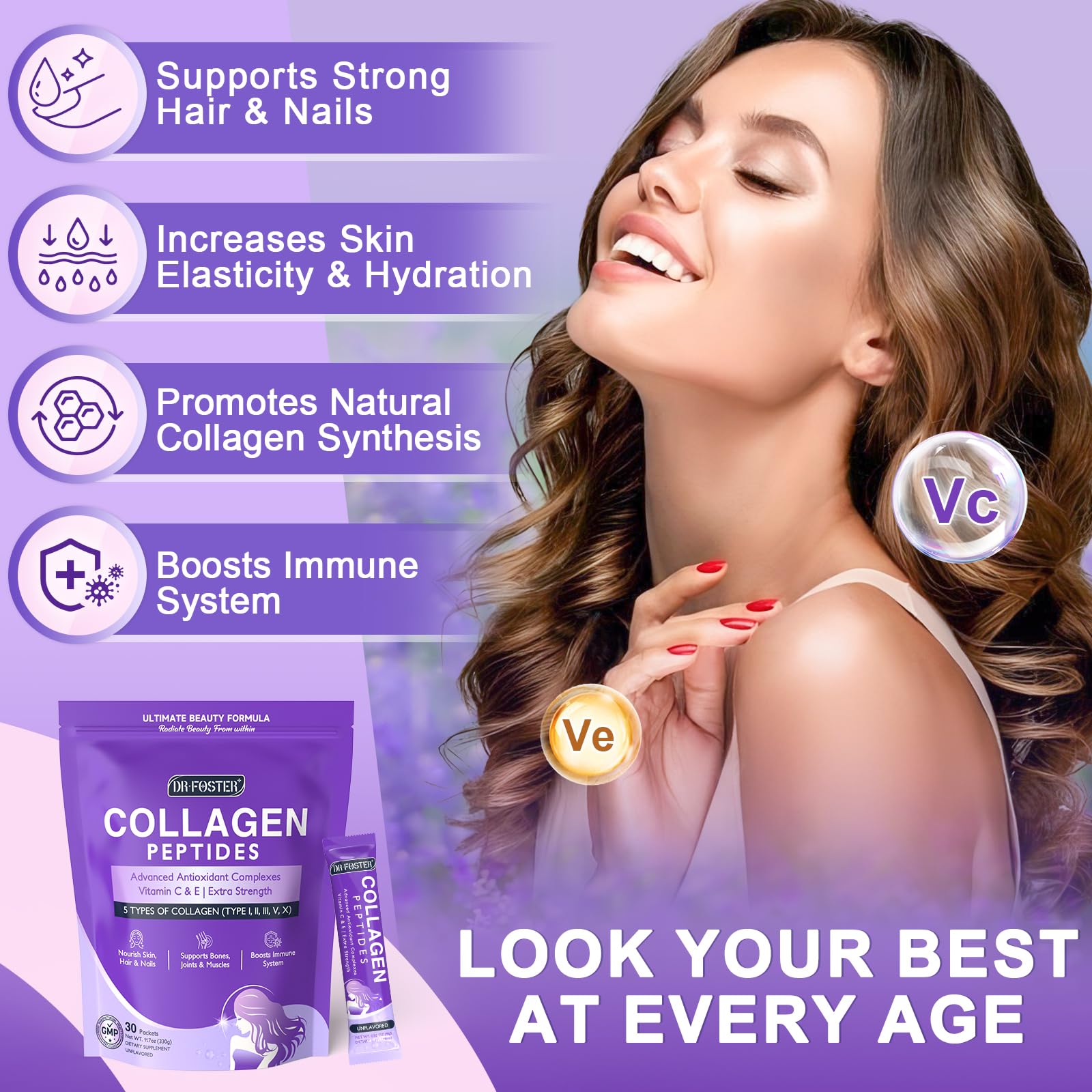 DRFOSTER Collagen-Peptides-Powder-Packets - Multi Type I II III V X Collagen for Women with Antioxidant Blend + Vitamin C & E for Skin, Hair, Nail & Joint, Non-GMO, 30 Stick Packs