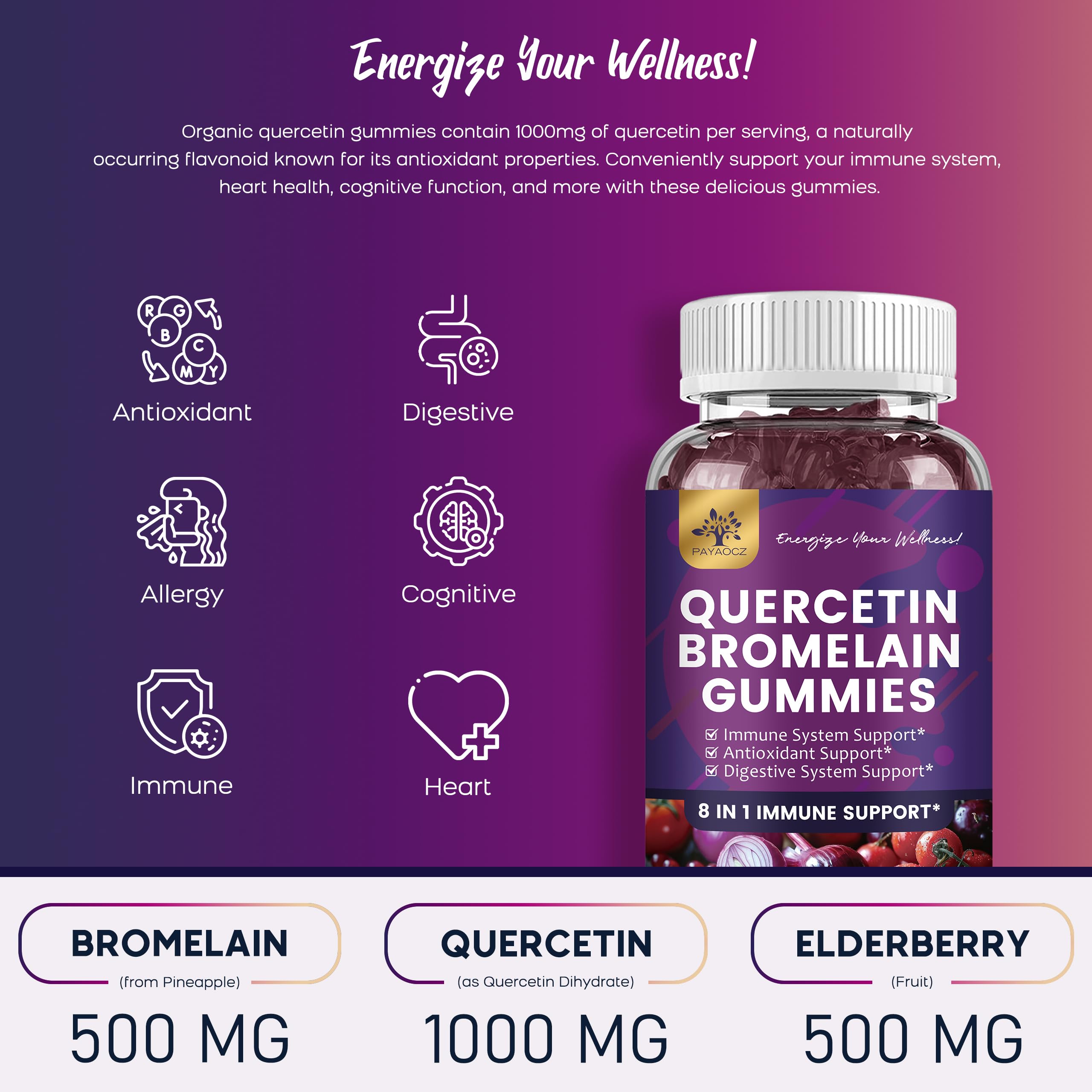 (2 Pack) Quercetin Gummies with Bromelain Zinc Elderberry Vitamin C D3 K2, Quercetin 1000mg Supplement with Bromelain 500mg for Cardiovascular, Immune System & Allergy, Vegan Gummy for Adult & Kid