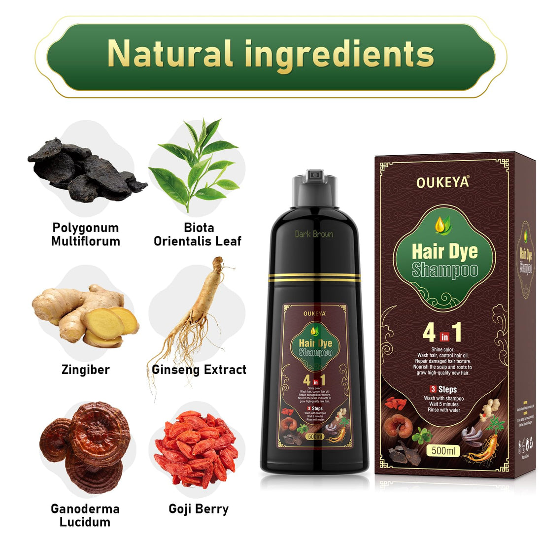 OUKEYA Dark Brown Hair Dye Shampoo 4 In 1, Hair Color Shampoo for Gray Hair Coverage for Women & Men, Instant Natural Herbal Ingredients Color Shampoo Hair Dye, Professional Salon-Level Treatments