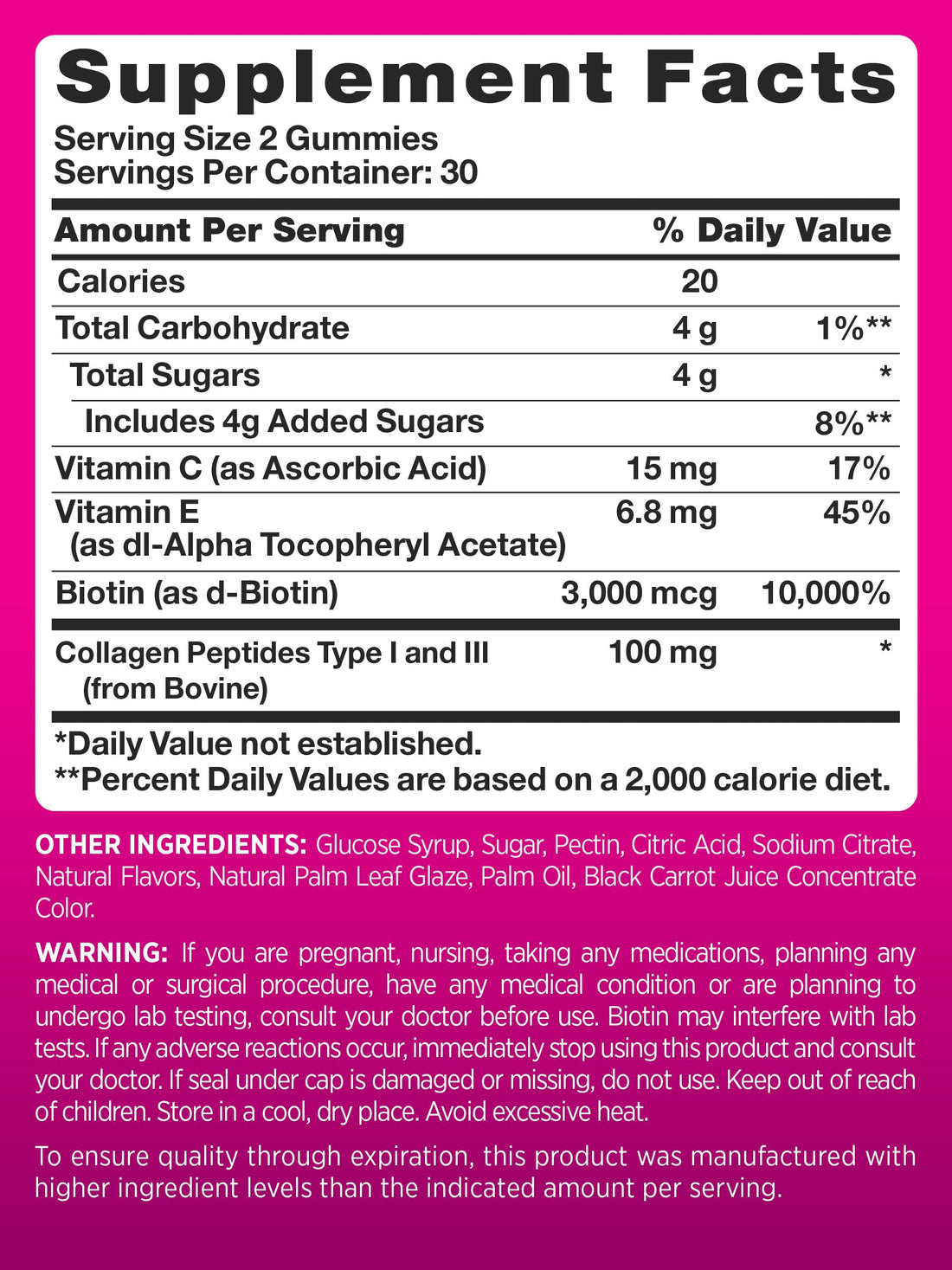 PINK Hair Skin Nails Gummies | 60 Count | Plus Collagen & Biotin | Non-GMO & Gluten Free Vitamins for Women | Strawberry Flavor