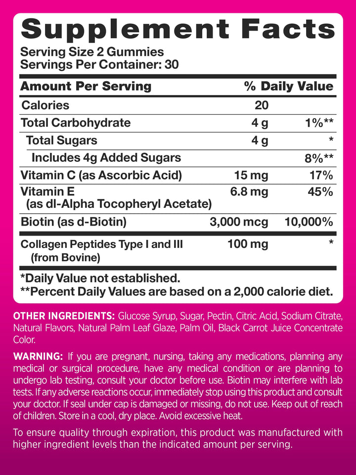 PINK Hair Skin Nails Gummies | 60 Count | Plus Collagen & Biotin | Non-GMO & Gluten Free Vitamins for Women | Strawberry Flavor