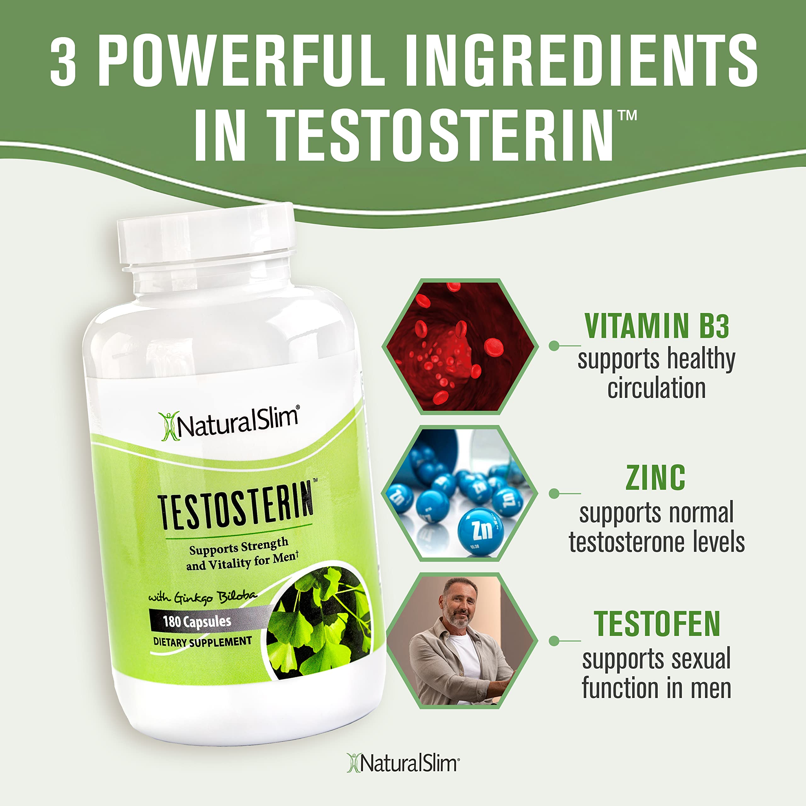 NaturalSlim Testosterin Mens Multivitamins Testosterone Booster - Testosterone Supplement with Vitamin B3, Zinc, Proprietary Blend & Testofen for Muscle Support, Stamina & Metabolism - 180 Capsules