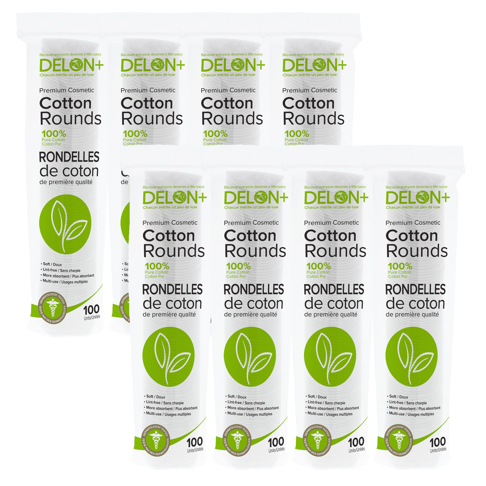Delon 100% Cleansing Cotton Rounds, 100Count, (Pack of 8)